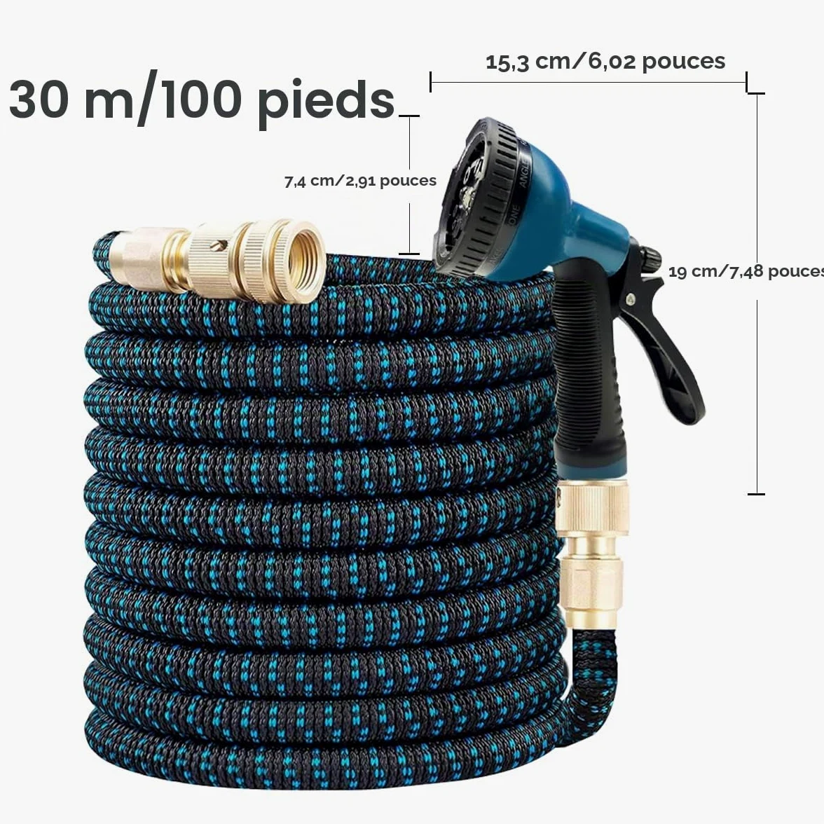 Tuyau d'Arrosage Extensible 30m/100ft, Tuyau Rétractable avec Adaptateur 1/2" et 3/4", 10 Modèles de Pulvérisation, pour Arrosage Jardin et Nettoyage