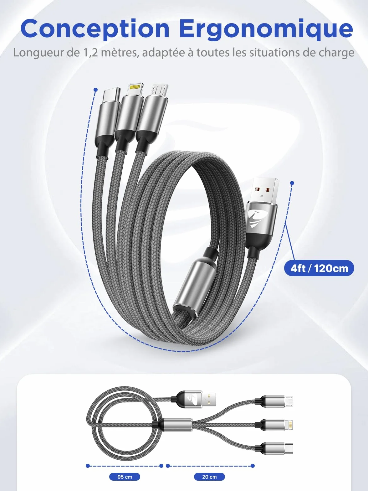 Câble Multi USB 3 en 1 Universel Rapide 1.2M Nylon Tressé Micro USB Type C Lightning pour iPhone Samsung Huawei