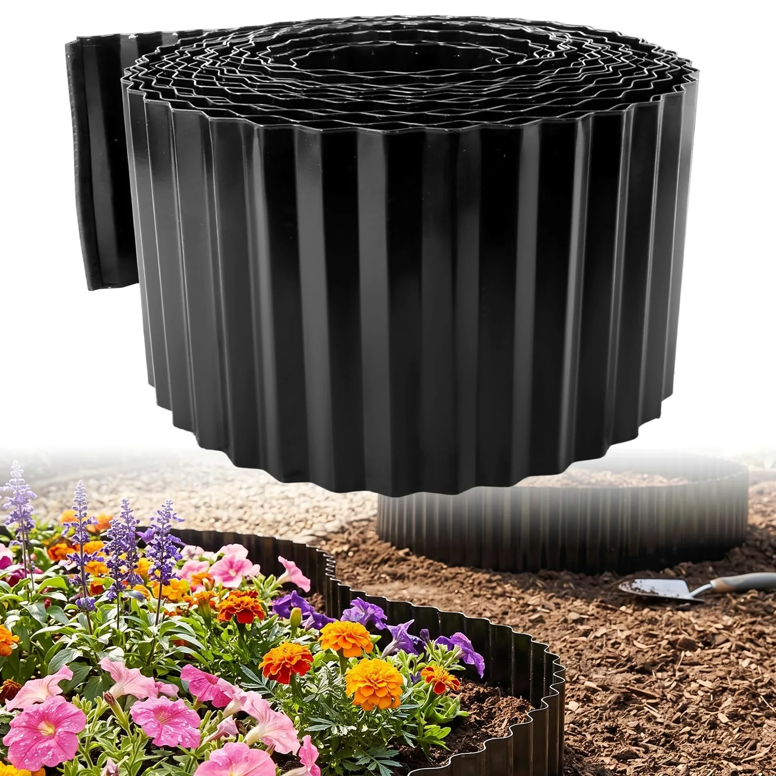 DAJAVE Bordure de pelouse en métal anthracite 15 m - Bordure de parterre en métal de 15 cm de haut - Montage facile, inoxydable et durable - Bordure de parterre flexible, 1 paire de gants de montage