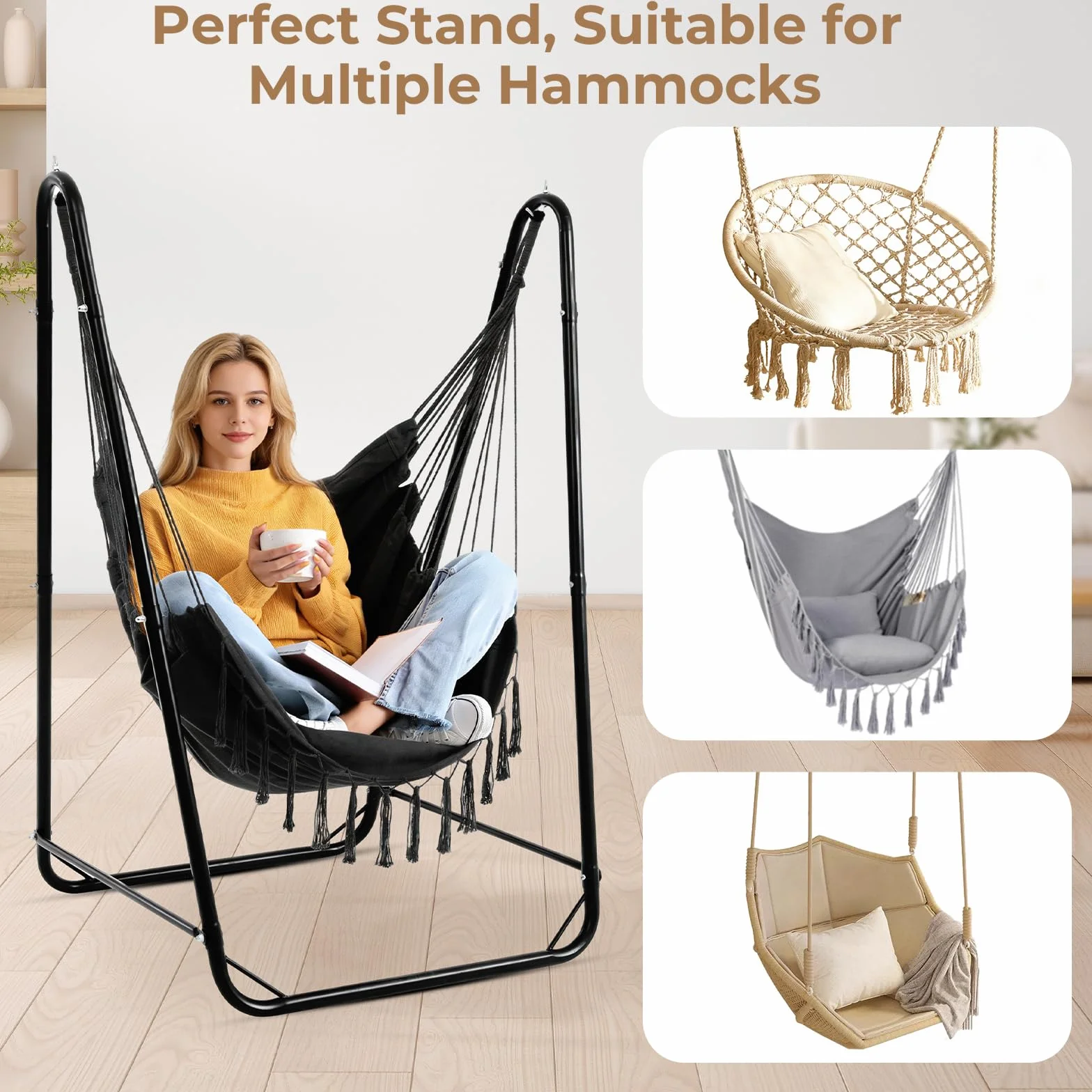 Support de Chaise Suspendue en U pour Hamacs, Acier Robuste, Capacité 100 kg, Noir