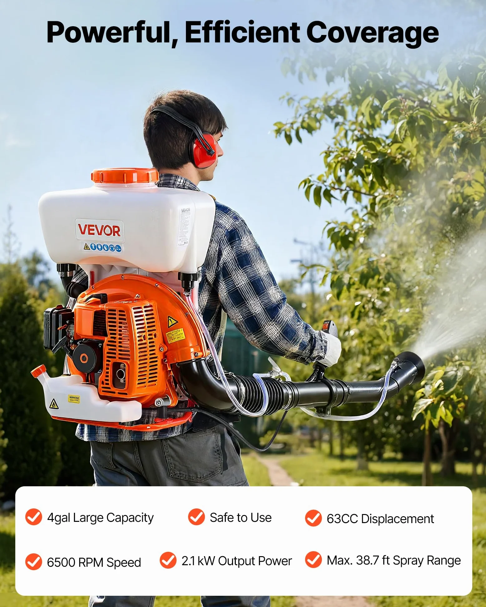 VEVOR Pulvérisateur à Dos Thermique, Moteur 63 CC 2,1 KW, Brumisateur à Dos à Essence avec Réservoir 16 L, Système Pulvérisation Poudre et Liquide, pour Entretien Cultures de Jardinage, Agriculture