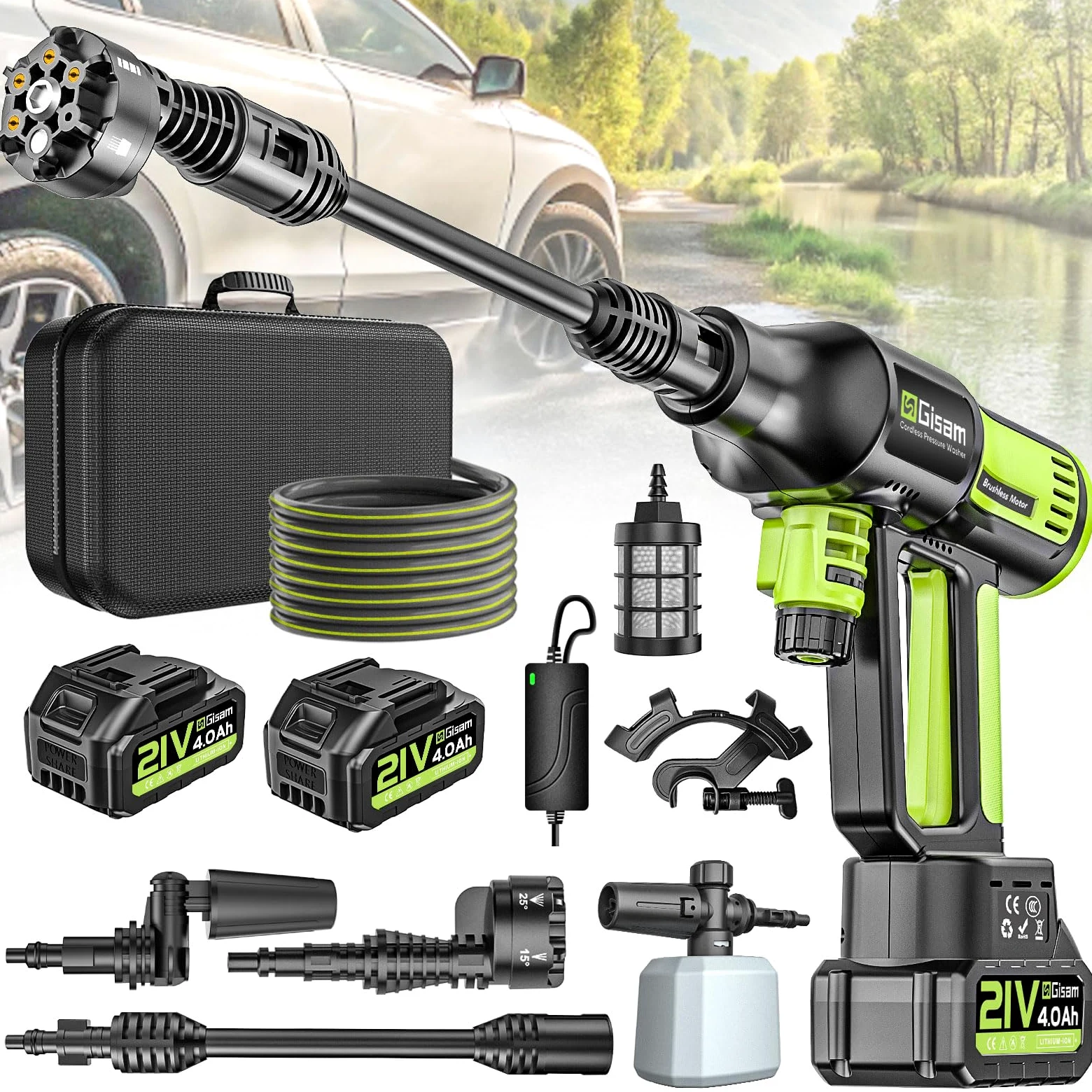 highsam Pressure Washer Nettoyeur Haute Pression sans Fil 4 Vitesses Max. 120 Bar avec 2 Batteries 4,0 Ah, buse rotative 6 en 1 et 180 °,Tuyau De 5 M,Nettoyage Arrosage