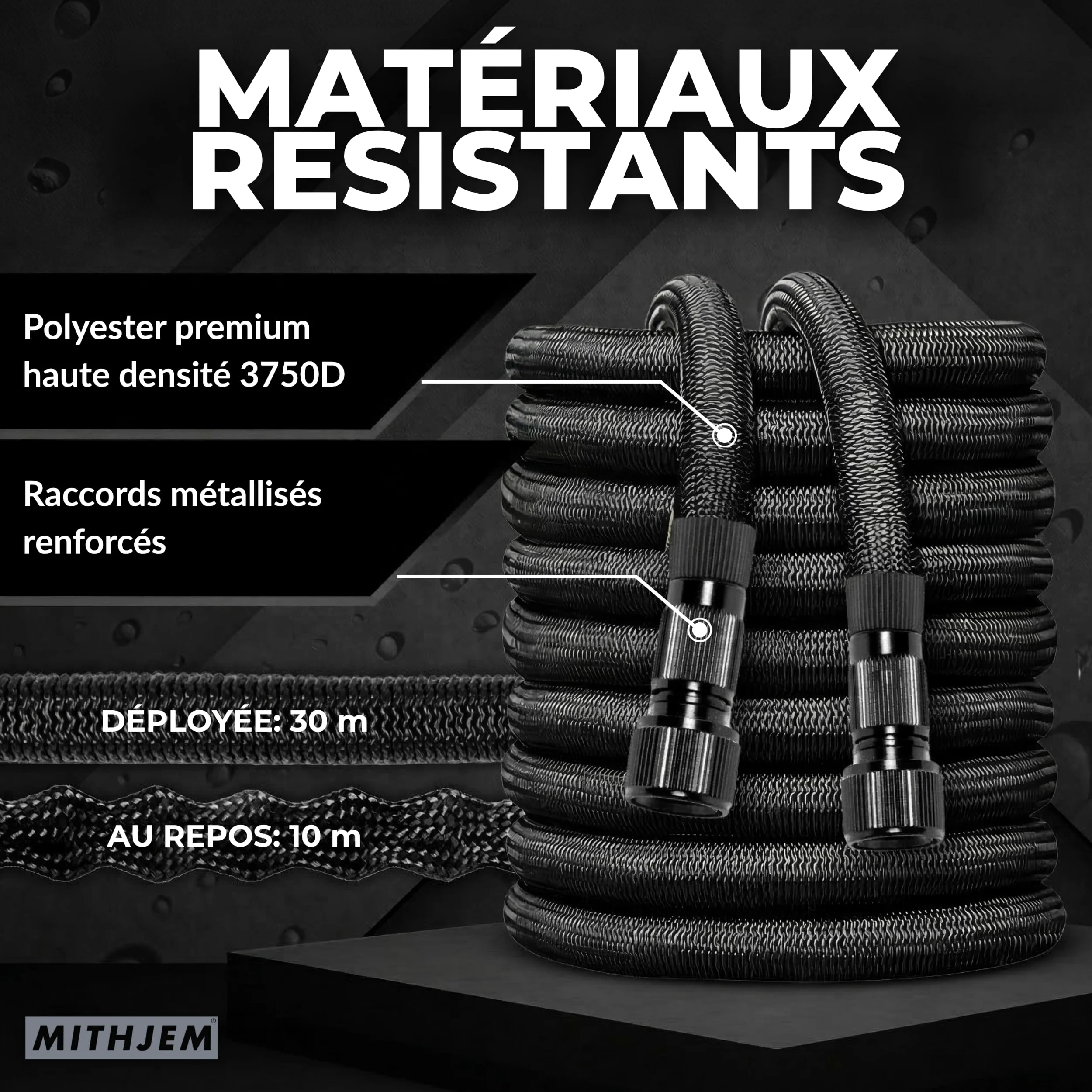 Tuyau d'Arrosage Extensible 30 m – Polyester 3750D, Raccords Métallisés Adaptables 1/2" et 3/4", Anti-Fuite – Pistolet 10 Modes, Léger, Sac de Rangement – Grand Jardin, Terrasse, Voiture
