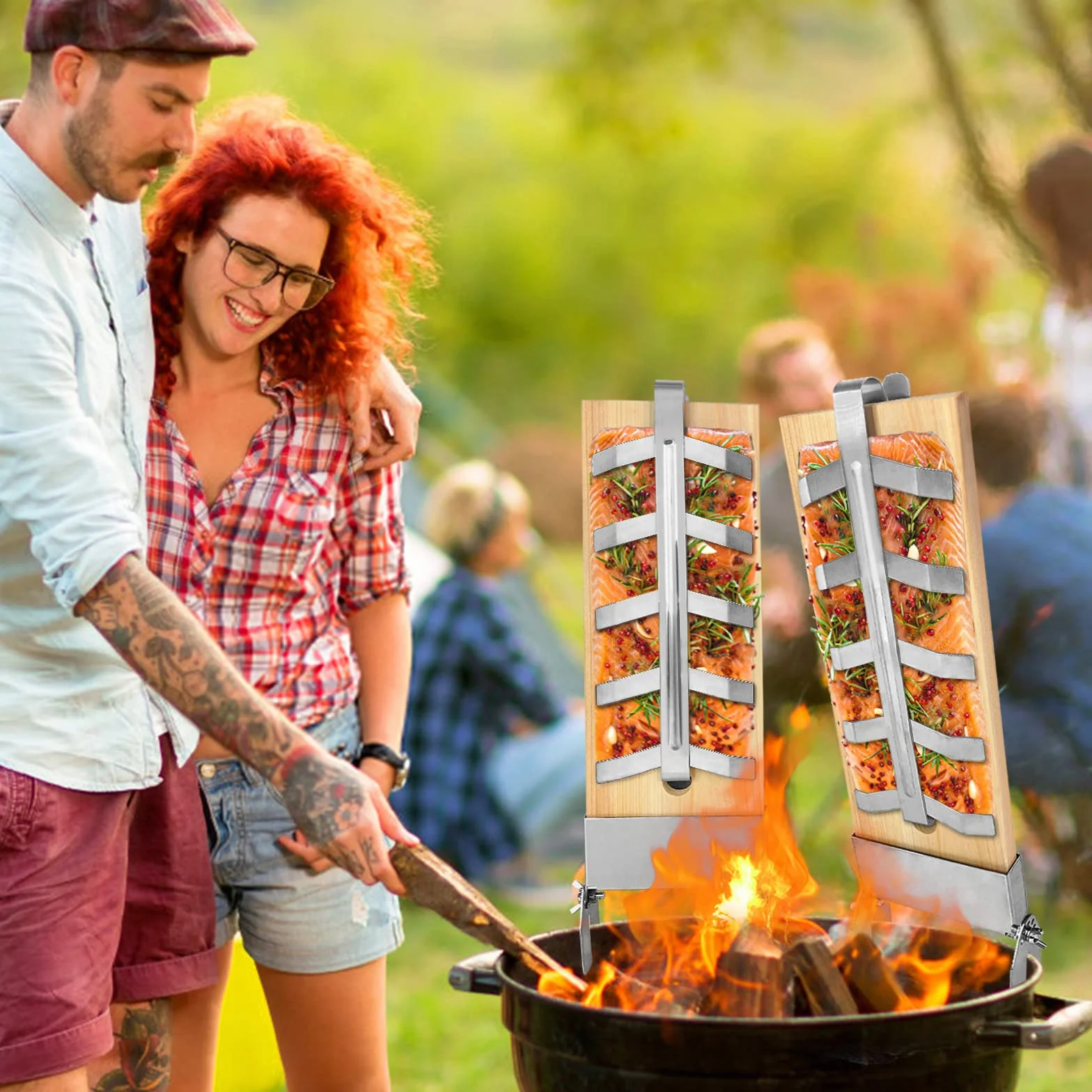 4X Planche à Saumon Flammé en Hêtre avec Support pour Griller Planche en Bois de Cèdre 5 Niveaux réglable pour Brasero, Grill