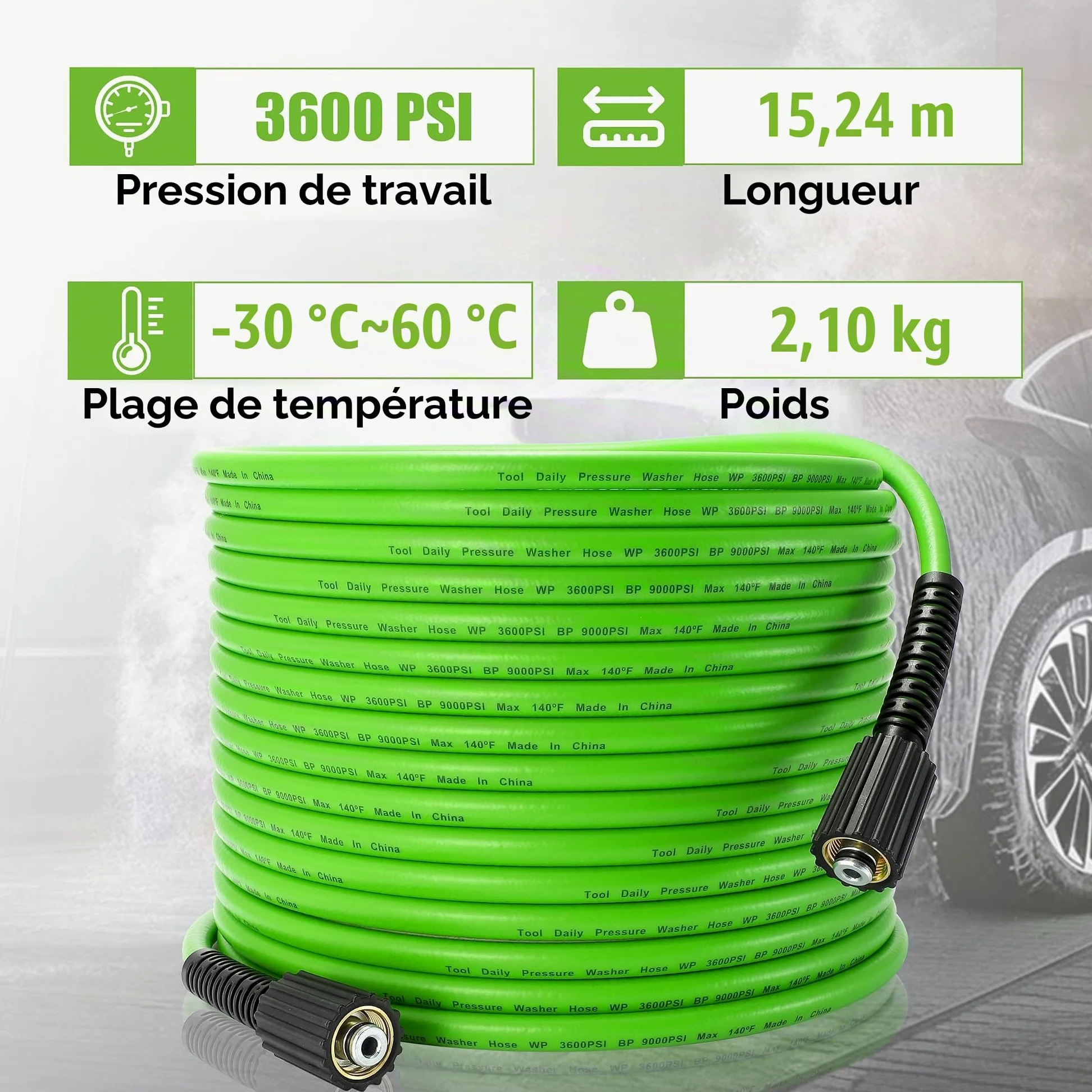 Tool Daily Tuyau Haute Pression 15 m x 1/4", Adaptateurs pour Karcher K2-K7 | Flexible de Rechange pour Nettoyeur Haute Pression, Raccords M22-14mm, Adaptateur de Connexion Rapide, Anti-Vrille, 250 bar