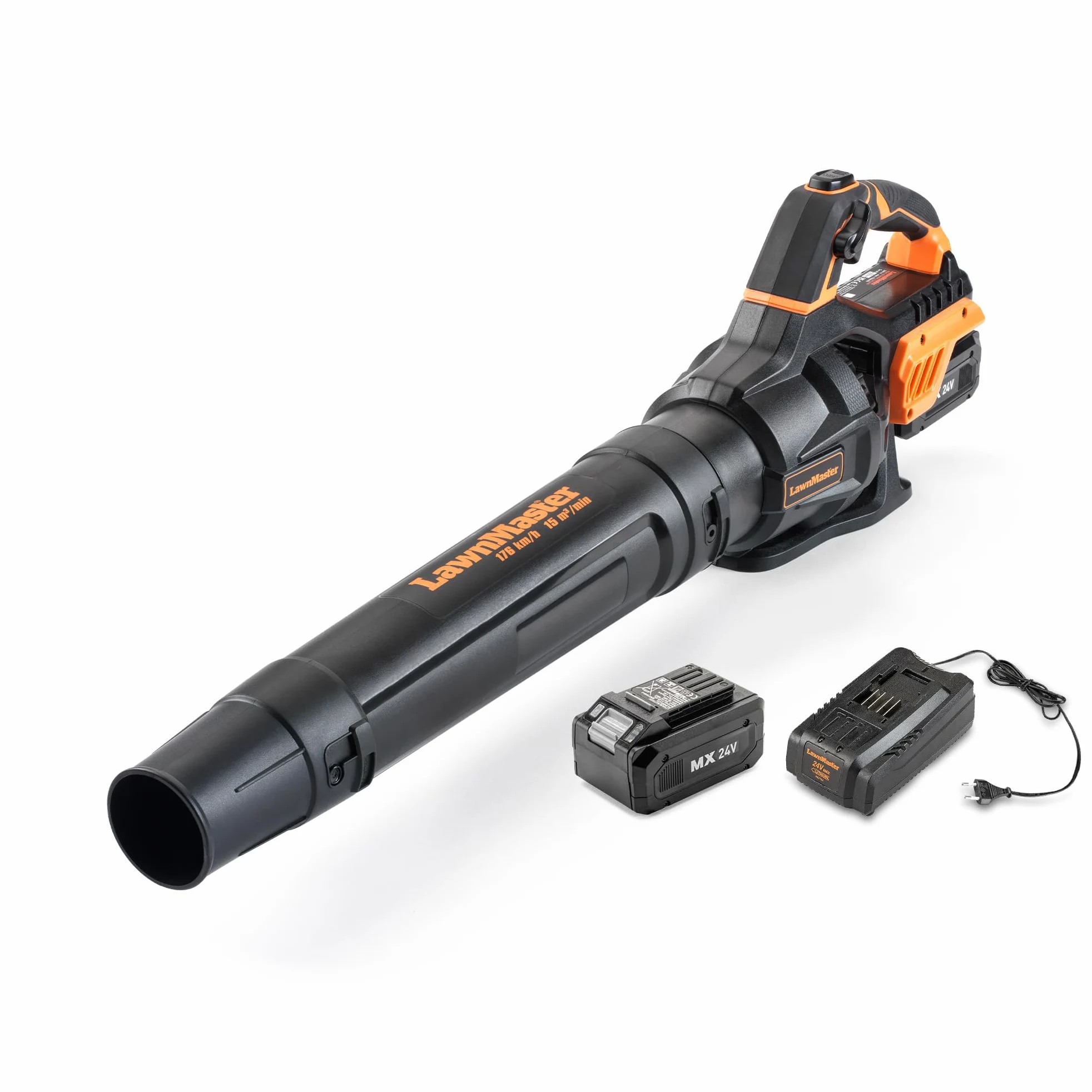 LawnMaster Souffleur Feuilles sans Fil 24V MX avec Mode Turbo | batterie 4Ah avec chargeur, flux d'air puissant, régulateur vitesse Cruise Control et tube amovible, garantie 2 ans