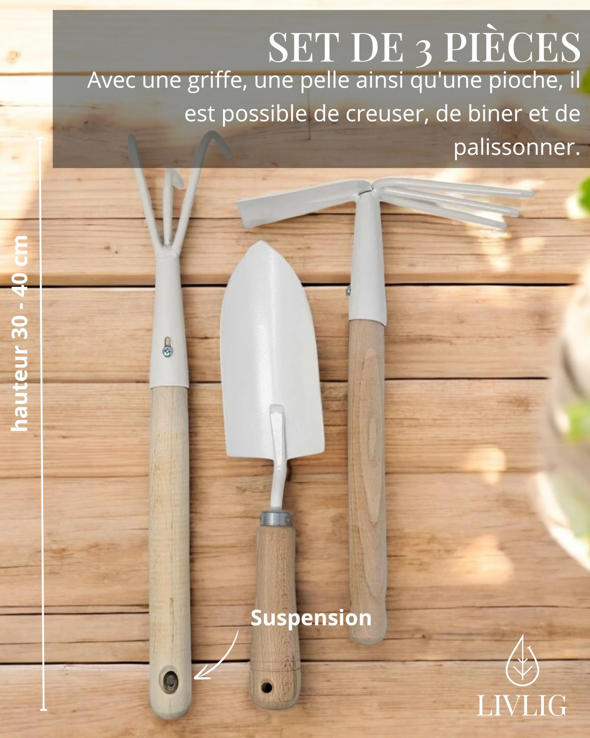 LIVLIG Outillage de Jardin - Griffe de Jardin, Pelle à Main, Houe avec 2 Griffes, Lot de 3 Outils Jardinage, Poignées en Bois - Outil Jardinage Idéal pour Cadeaux de Jardin pour Femmes et Hommes