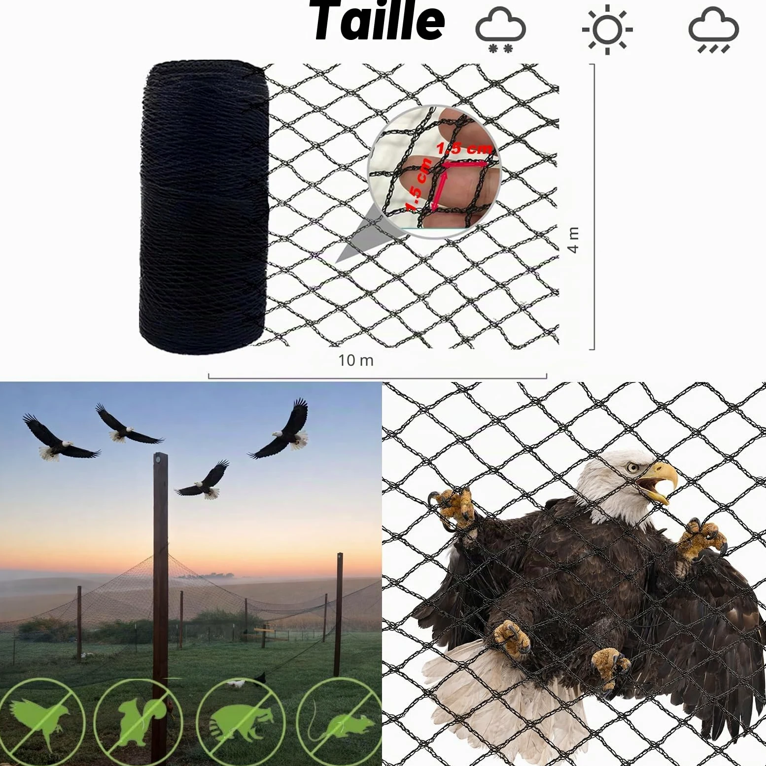Filet Anti-Oiseaux en polyéthylène 4×10 m – Filet de Protection Jardin pour Arbres fruitiers, potagers, arbustes à Baies et Balcon, Maillage 1,5 cm