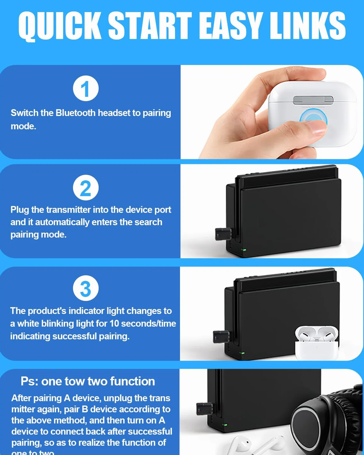 Adaptateur USB Bluetooth 5.3 pour PS4 PS5 PC Switch Audio Dongle Faible Latence