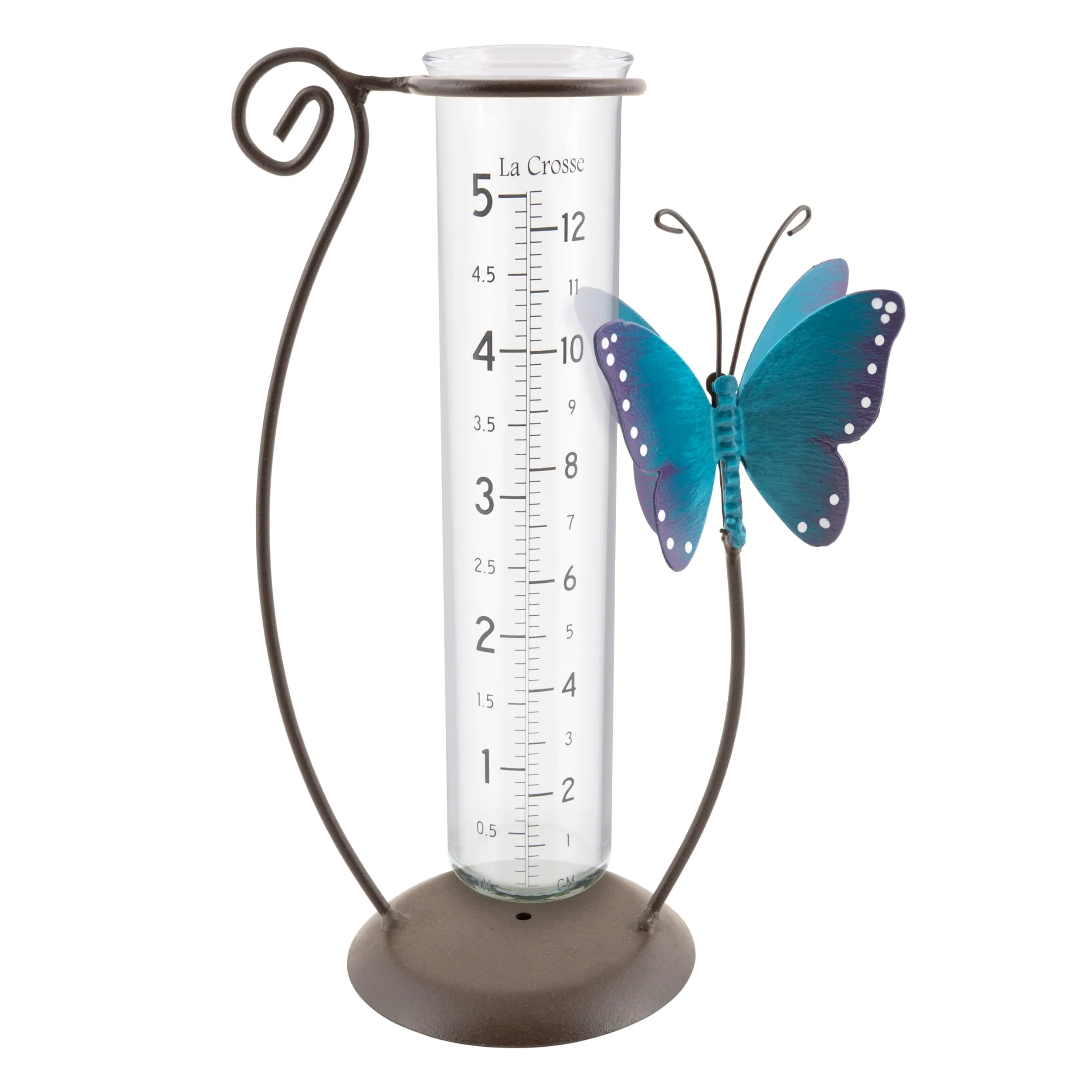 La Crosse 704-71077-INT Pluviomètre en verre Motif papillon Bleu Bronze Capacité 12,7 cm