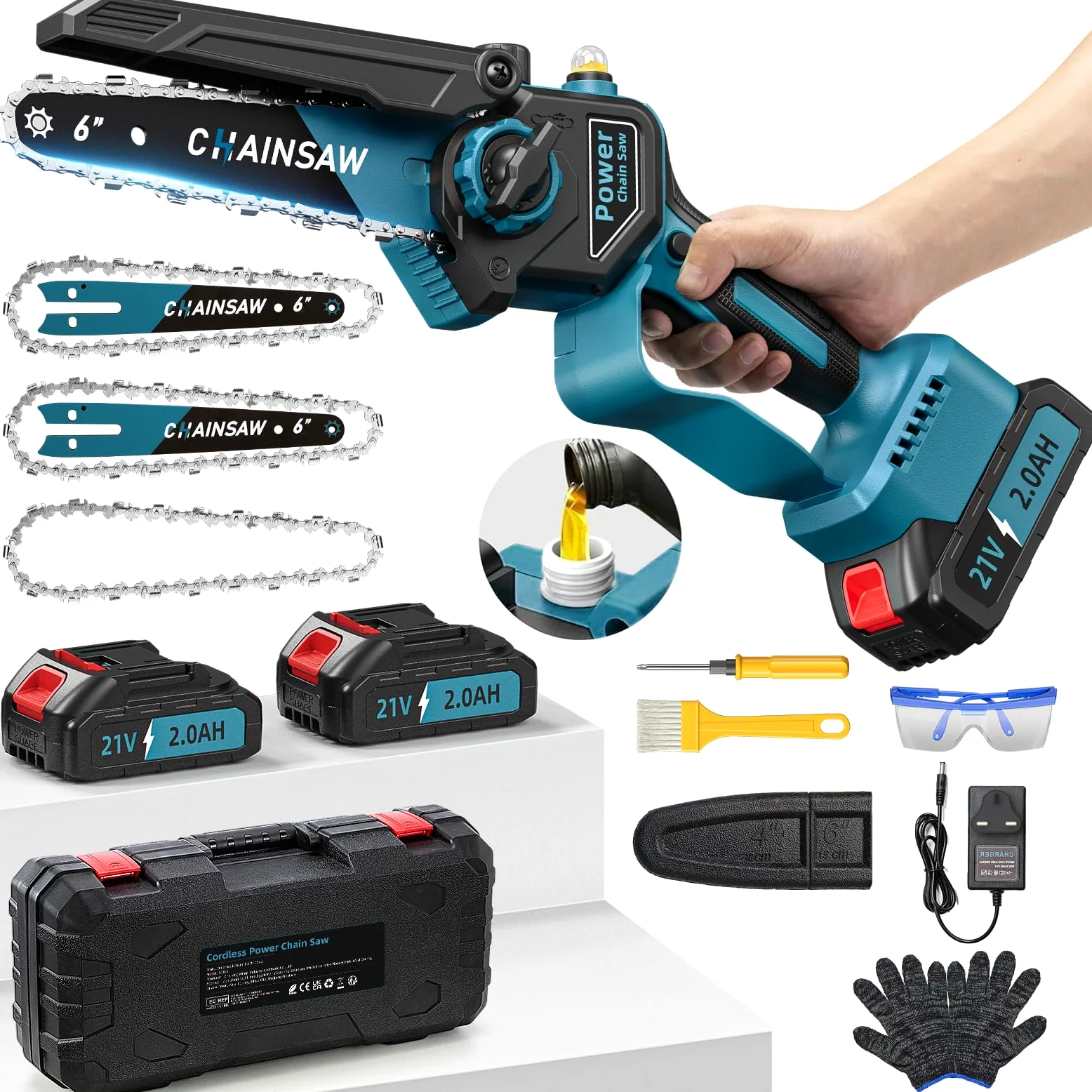 Mini Tronconneuse a Batterie 4000mAh, 6 Pouces 1000W Brushless Tronconneuse Electrique Sans Fil avec Graisseur Automatique et 3 Chaînes, 2 Batteries 2000mAh, Elagueuse Batterie Compatible avec Makita