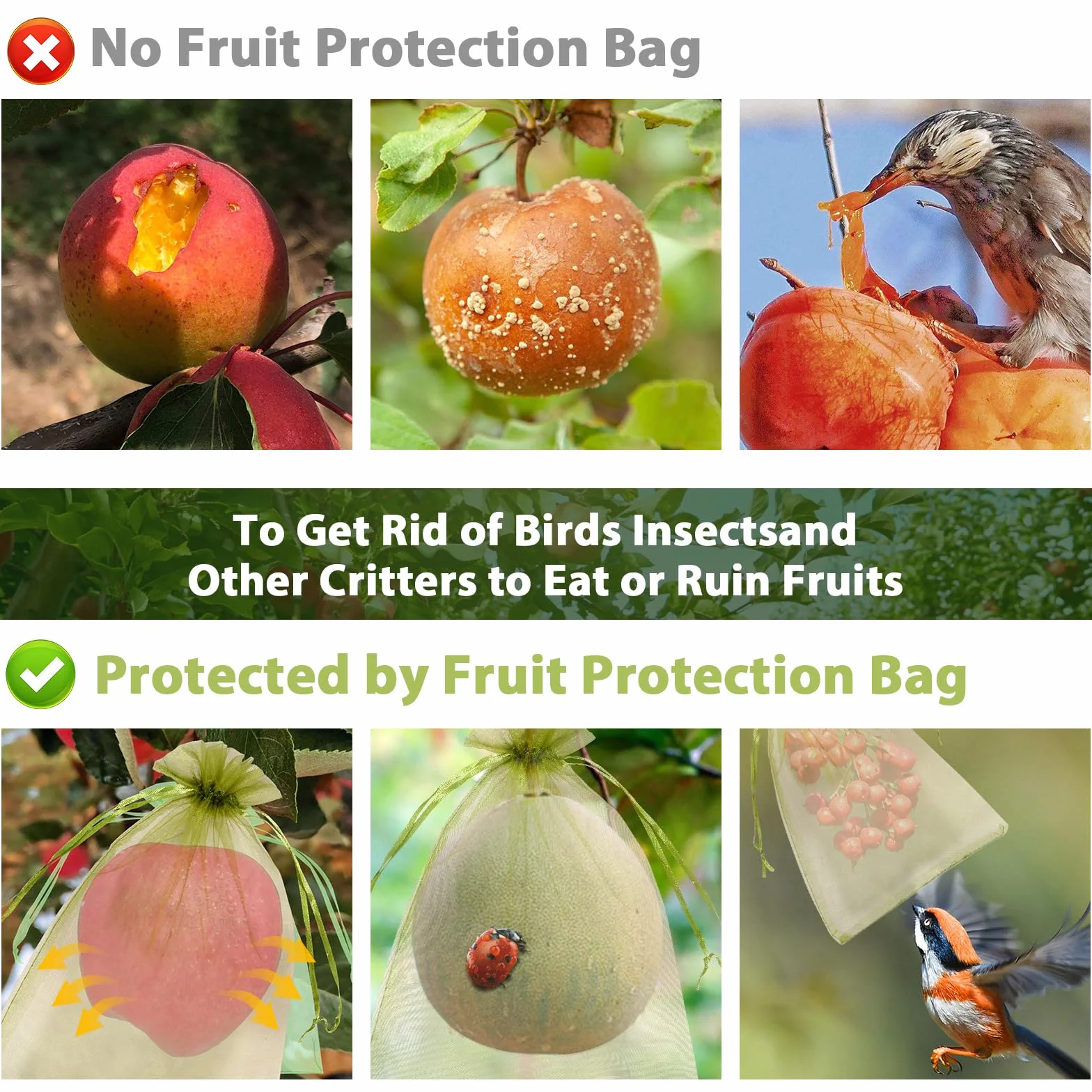 Sacs de protection pour raisins réutilisables en maille avec cordon, 100 pièces