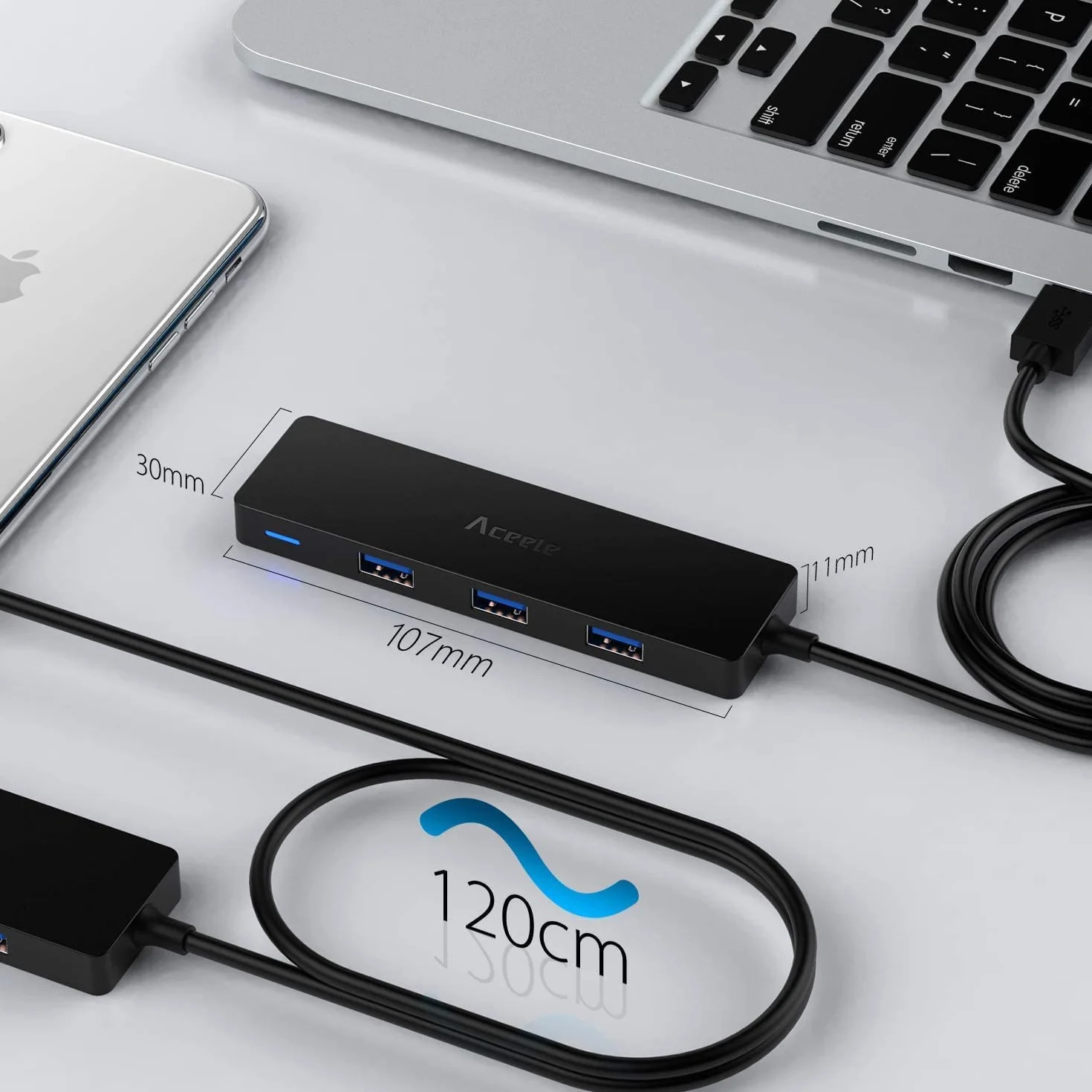 Aceele Hub USB 3.0 4 Ports 120cm pour Macbook, PC