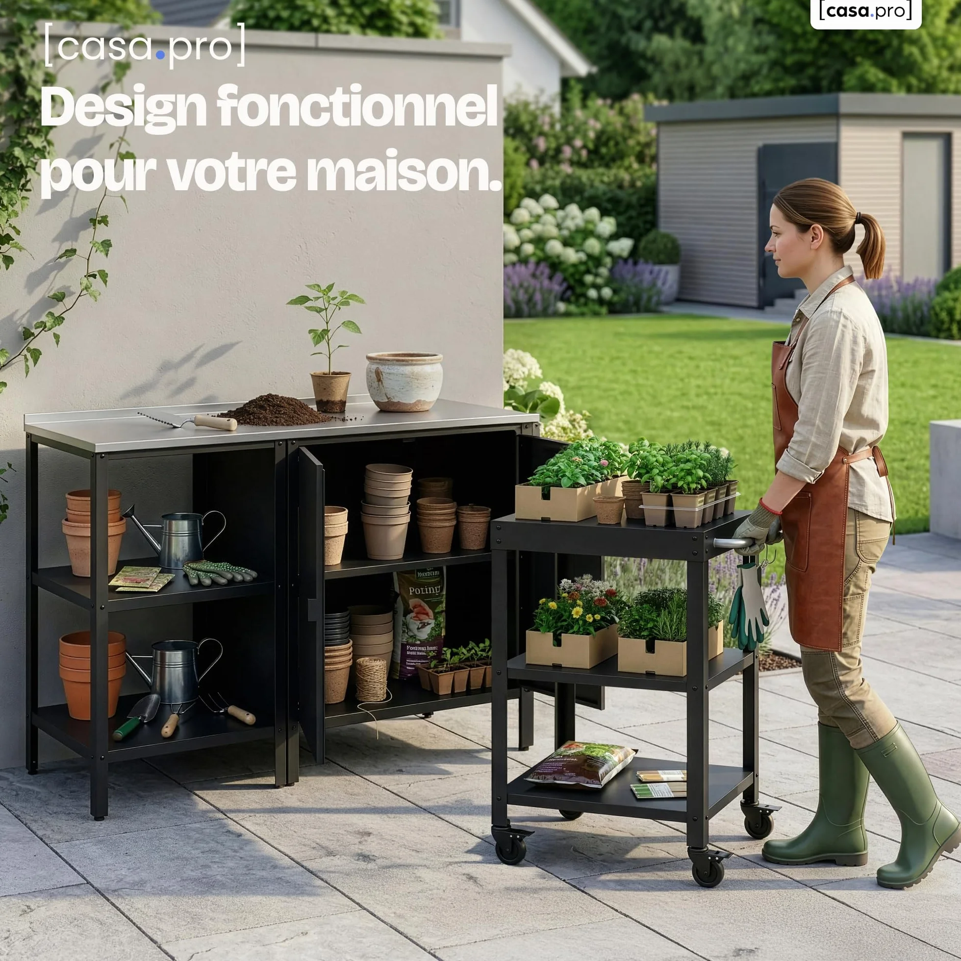 Ensemble de 3 Meubles Outdoor Bolognano Armoire d'Extérieur Chariot Barbecue Acier Noir Mat