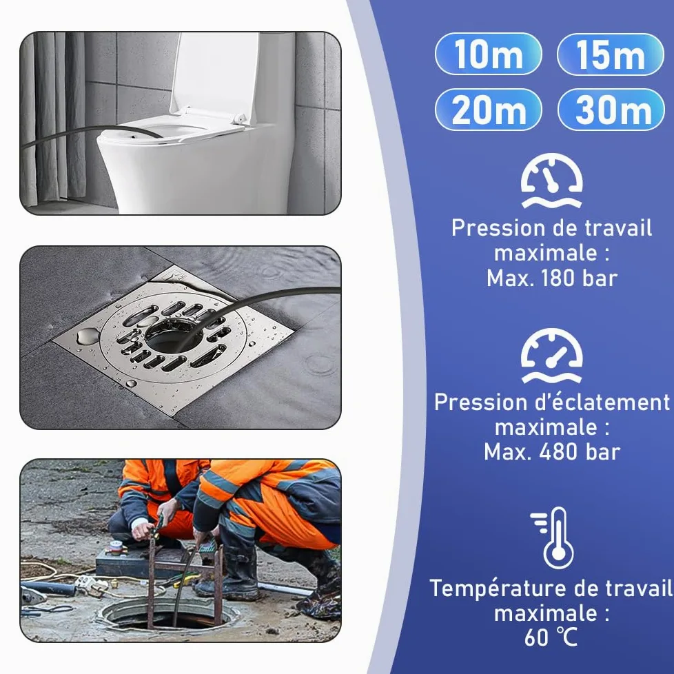 XIIW Tuyau Déboucheur Canalisation 30m 180bar Compatible avec Kärcher K2-K7 | Tuyau avec Adaptateur M22, Buse 4 Jets, Tuyaux pour Nettoyeur Haute Pression, Kit Furet Professionnel Deboucheur Canalisation