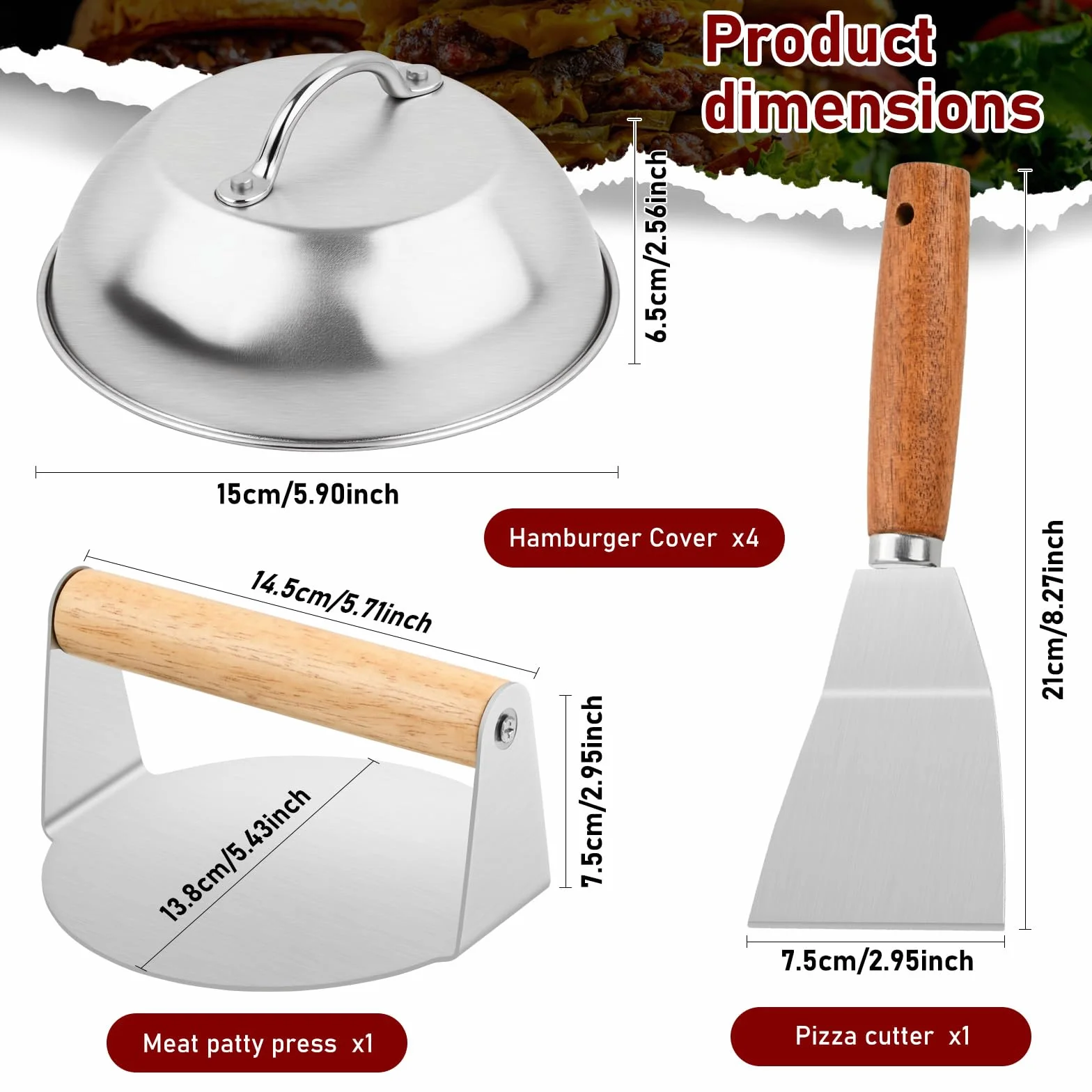 Set de 6 Pièces Smash Burger Press Kit, Acier Inoxydable, Cloche à Hamburger 15x6,5 cm, Presse à Hamburger, Spatule Plancha