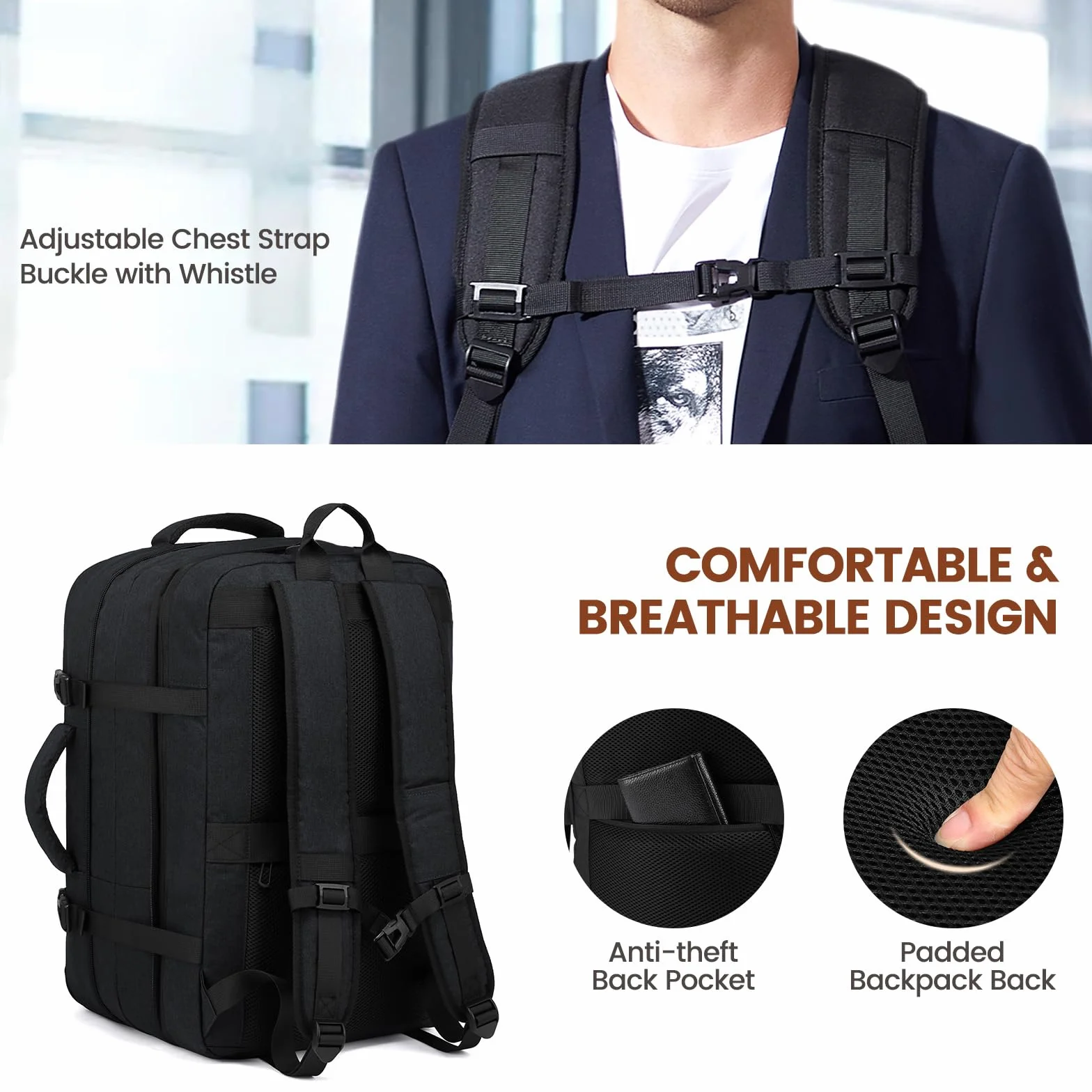 LOVEVOOK Sac à Dos Cabine Grand 30L Antivol Voyage Avion Bagage à Main Homme Femme Ordinateur Portable 15.6 Pouces Résistant Aux Éclaboussures Noir