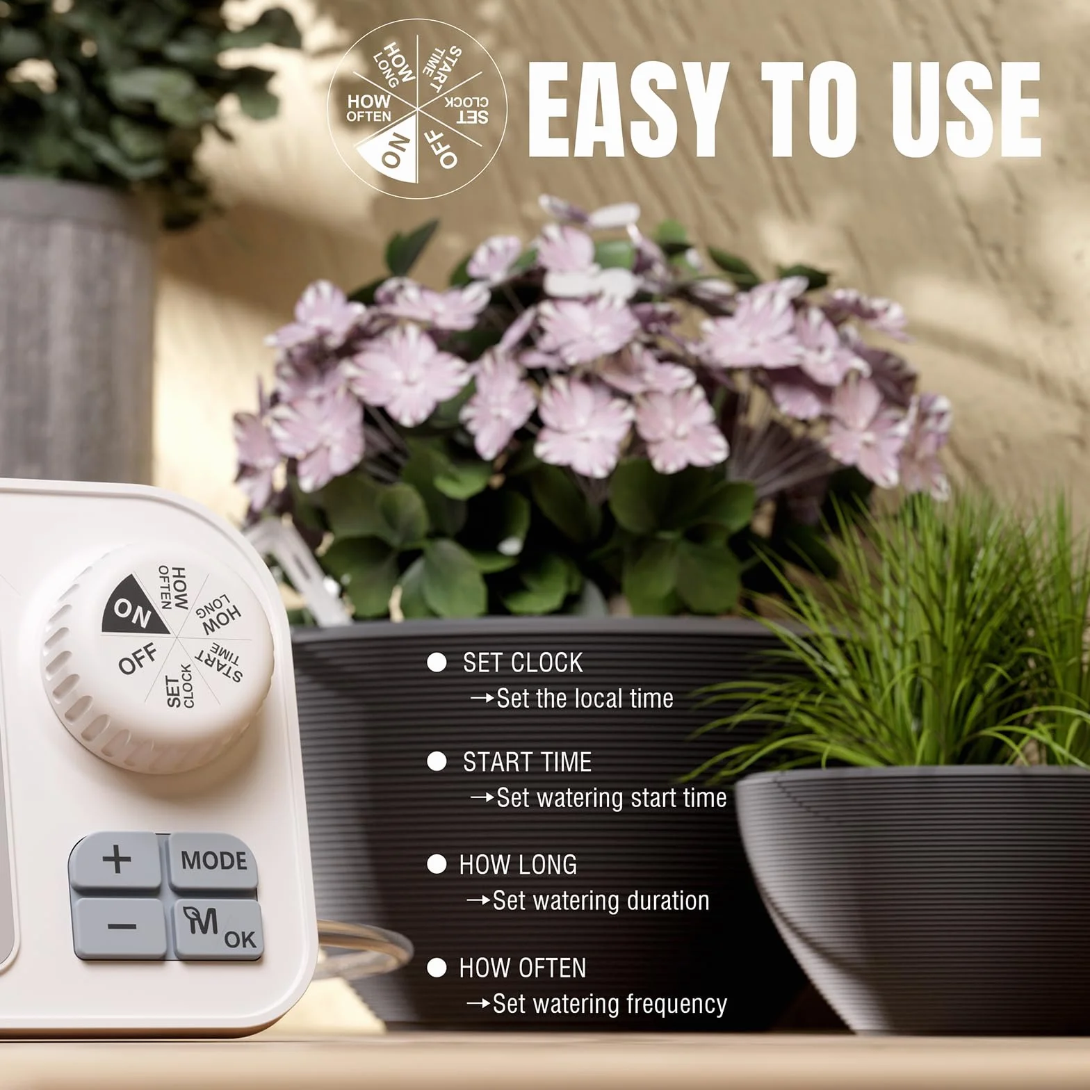 Raddy WS-7 Solaire Kit d'irrigation goutte-à-goutte, Système d'arrosage automatique pour 15 plantes en pot, auto-détection de l'humidité du sol, batterie 2600 mAh, IPX7 pour balcon intérieur/extérieur