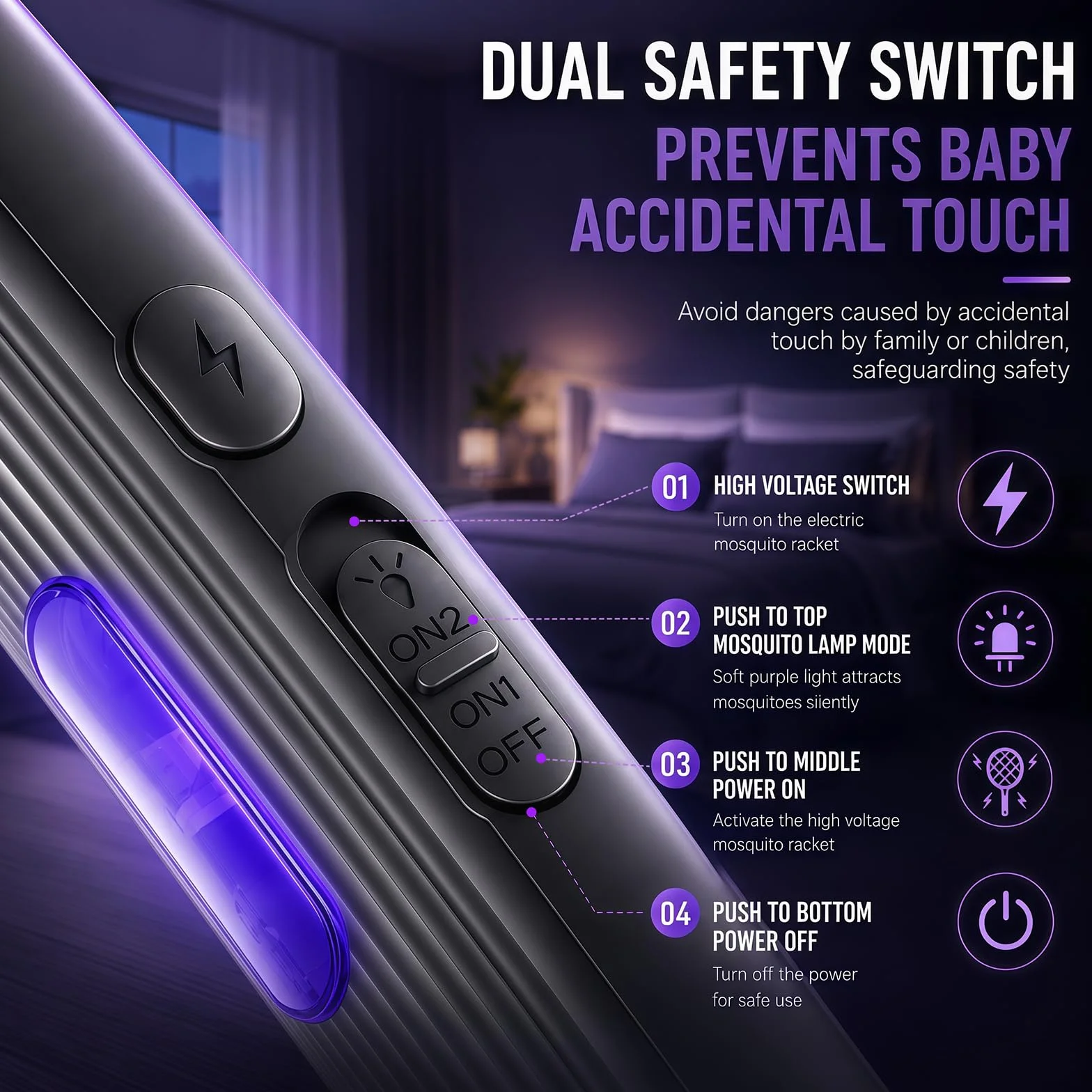Tapette à mouches électrique 2800 V 4 en 1 avec lumière UV, poignée rotative 360° et télescopique