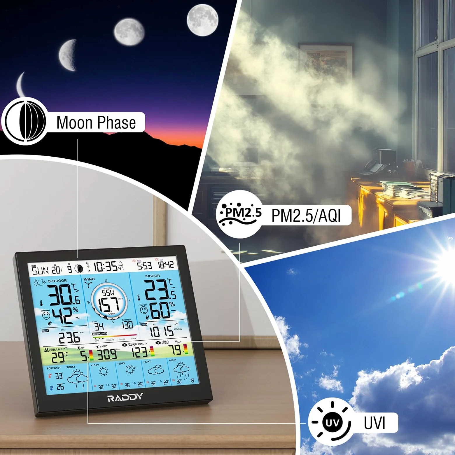 Raddy WF-120P Station météo Wi-Fi avec contrôle via application, écran couleur HTN 10″, température et humidité int./ext., indice UV/lumière, PM2.5 AQI, prévisions 5 jours, capteur extérieur 7-en-1