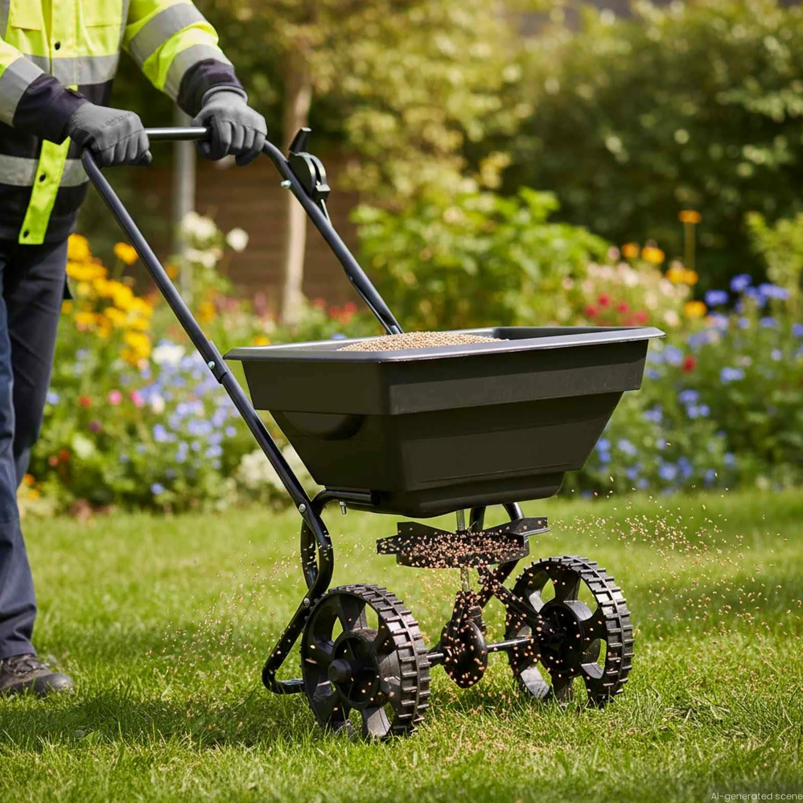 Épandeur Noir 82 x 46 x 75 cm PVC et Acier pour Jardinage extérieur, Distribution régulière de semences, Engrais, fertilisants, pelouse, terreau, Pratique et Robuste