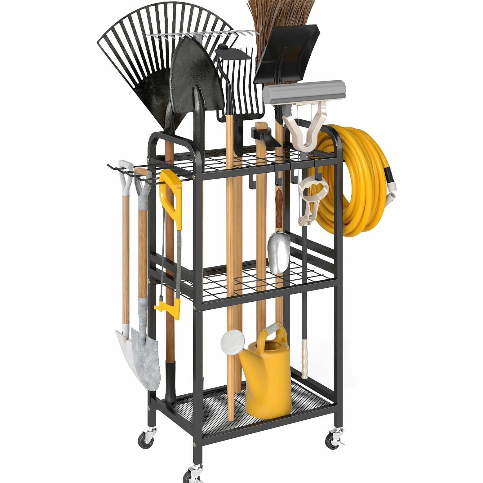Hadulcet Organiseur d'outils de jardin, organisation et rangement de garage en métal avec roues verrouillables, porte-outils de jardin avec crochets de rangement, organiseur d'outils de cour robuste