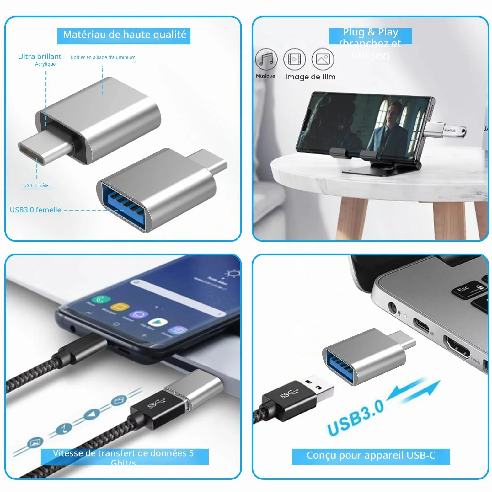 Adaptateur USB C vers USB 3.0 2 pièces Charge Rapide Data Sync Compatible iPhone 16 15 Plus Pro Max MacBook iPad Air Samsung