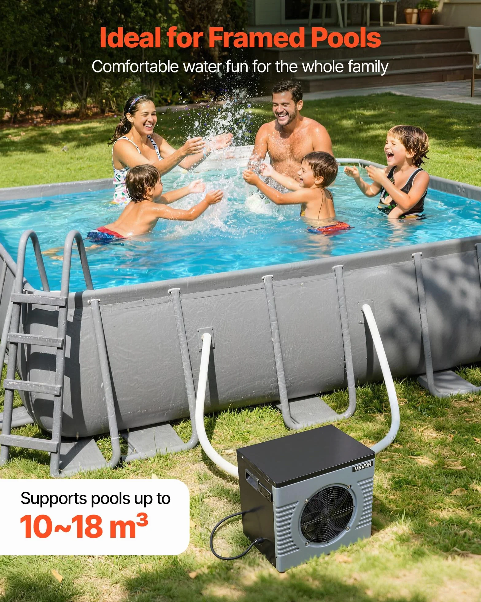 VEVOR Pompe à Chaleur pour Piscine 4,92 kW Chauffage Électrique Hors Sol 18 m³ COP 5,29 Faible Niveau Sonore GFCI