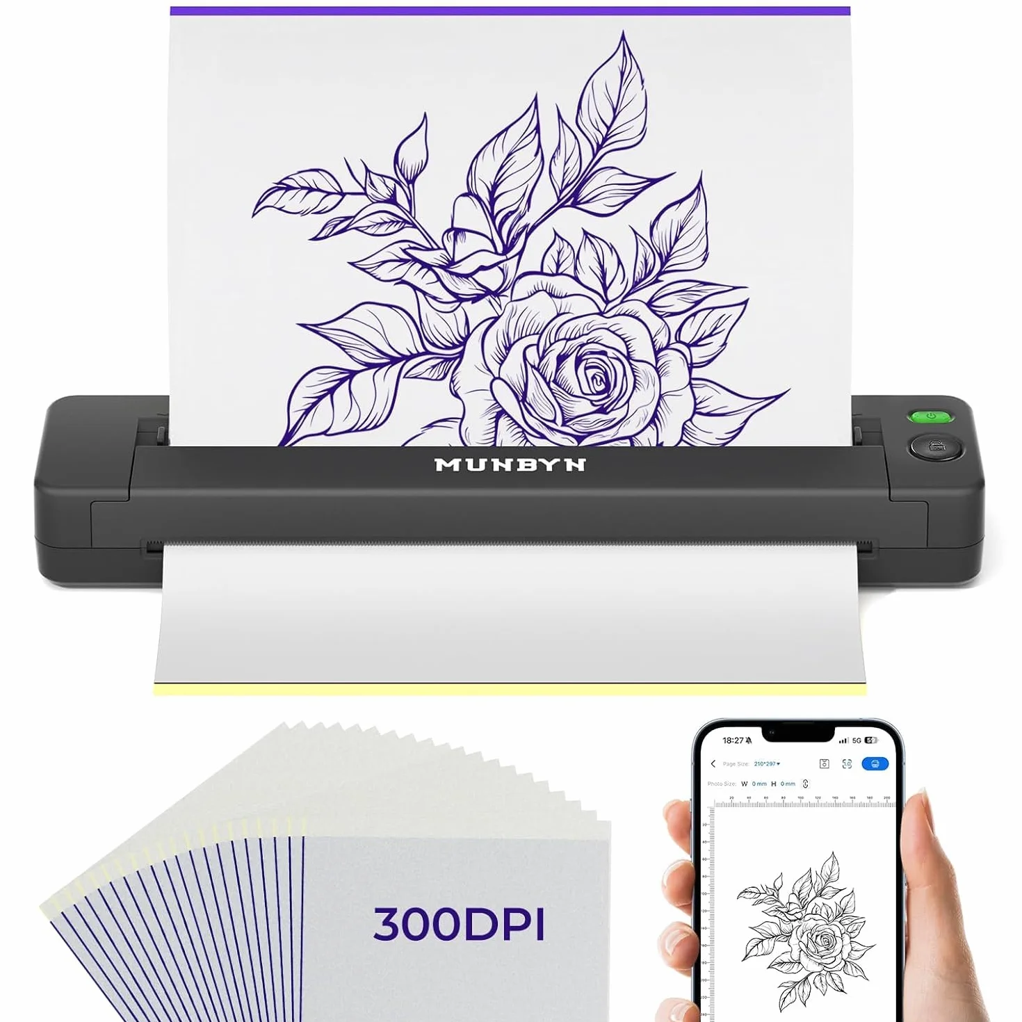 MUNBYN ITP06 300DPI Thermocopieur Tatouage Bluetooth Imprimante Transfert Stencil Noir