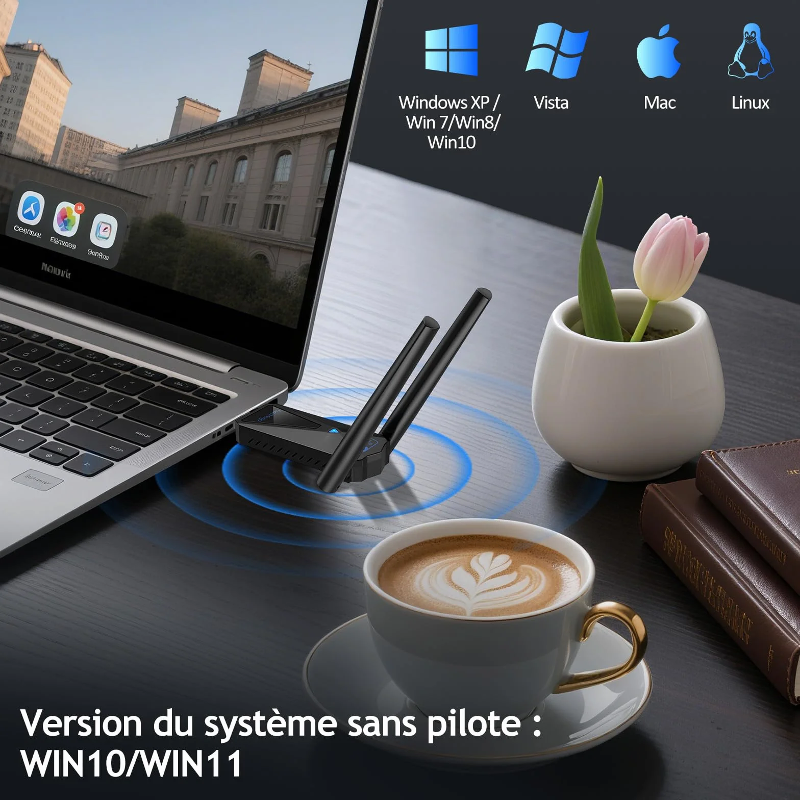 ElecMoga Clé WiFi 1300Mbps USB 3.0 Dual Band 2.4GHz/5GHz Antenne 2x5dBi Compatible Windows 11/10/8/7/Vista/XP Mac Linux
