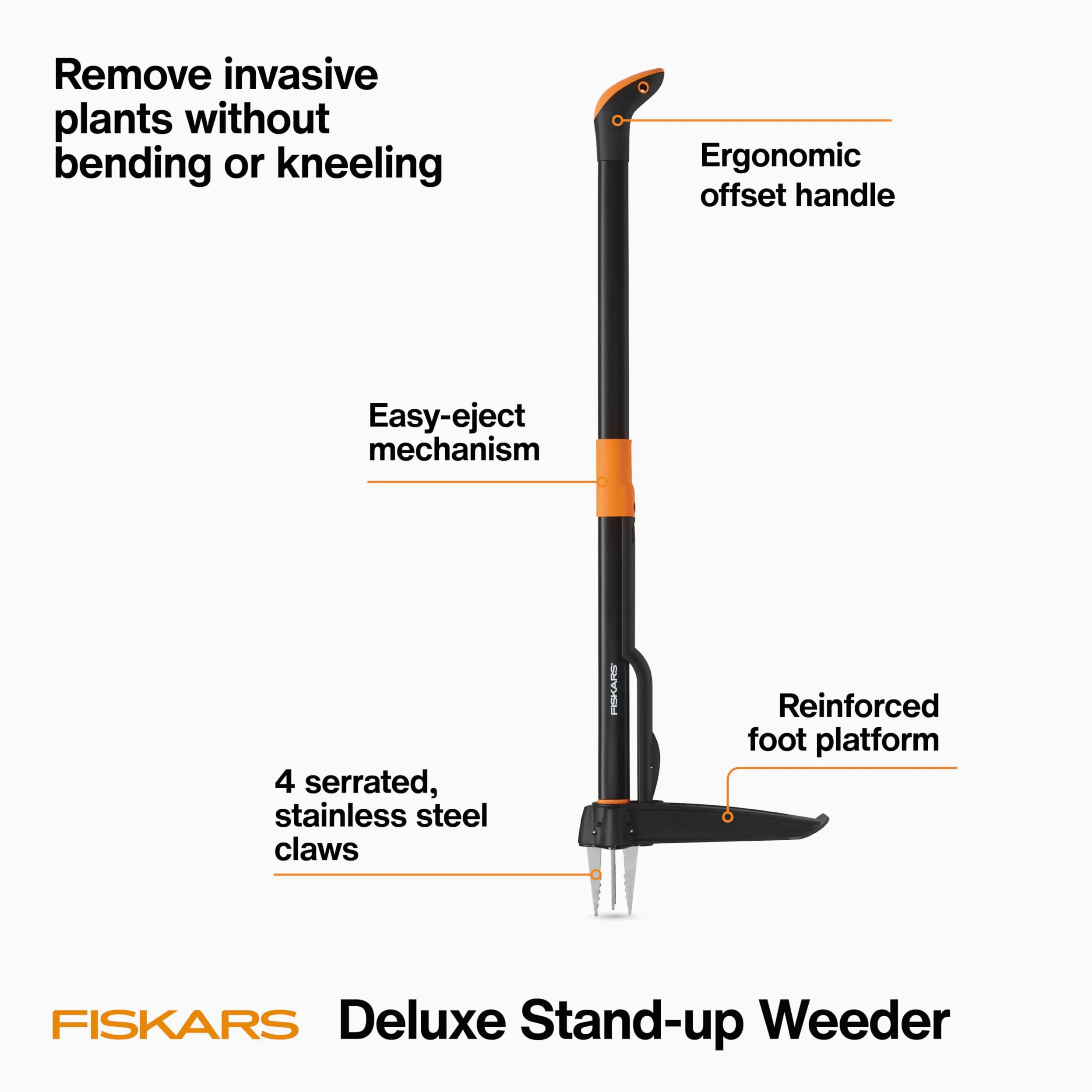 Fiskars Outil d'arrache-mauvaises herbes, 4 griffes dentelées, acier inoxydable, retrait permanent, la plate-forme de pied renforcée pénètre les sols durs, poignée ergonomique et décalée, 99,1 cm