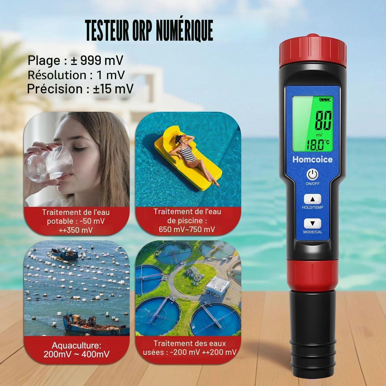 pH Chlore Mètre Piscine 7-en-1, Testeur PH Chlore Salinité ORP TDS EC Température, Tester Qualité Eau de haute précision avec fonction ATC pour piscines, eau potable, aquarium, hydroponie
