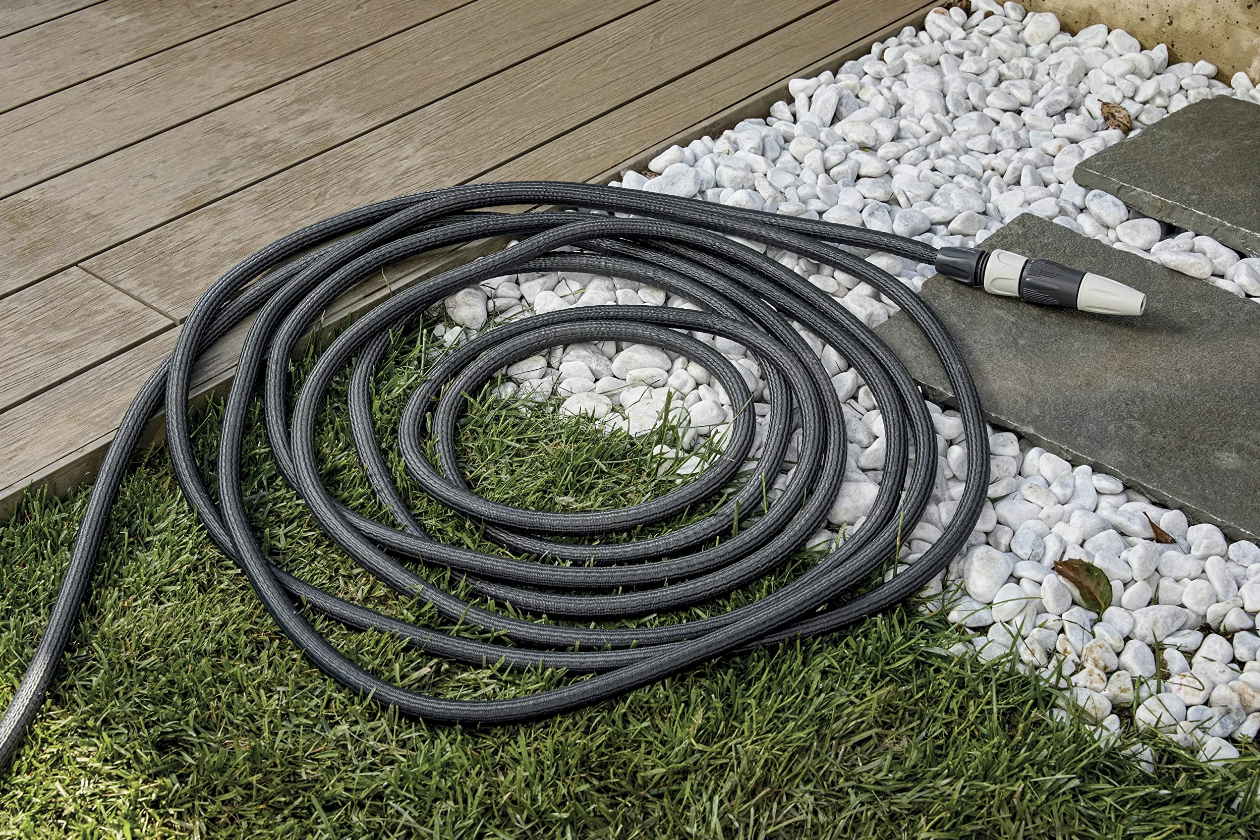 G.F. SRL Aquapop Grey Easy 10 Tuyau en tissu auto-rallongeant de 10 m, fabriqué en Italie, avec mini pulvérisateur de jardin et raccords pour arroser les jardins, gris foncé