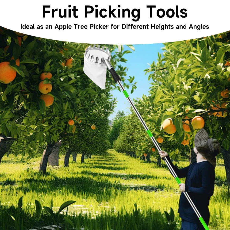 Pince à pommes de 4,2 m avec poignée télescopique, outil de cueillette de fruits avec 10 sections télescopique et sac de rangement, facile à assembler, pince à fruits en acier inoxydable pour