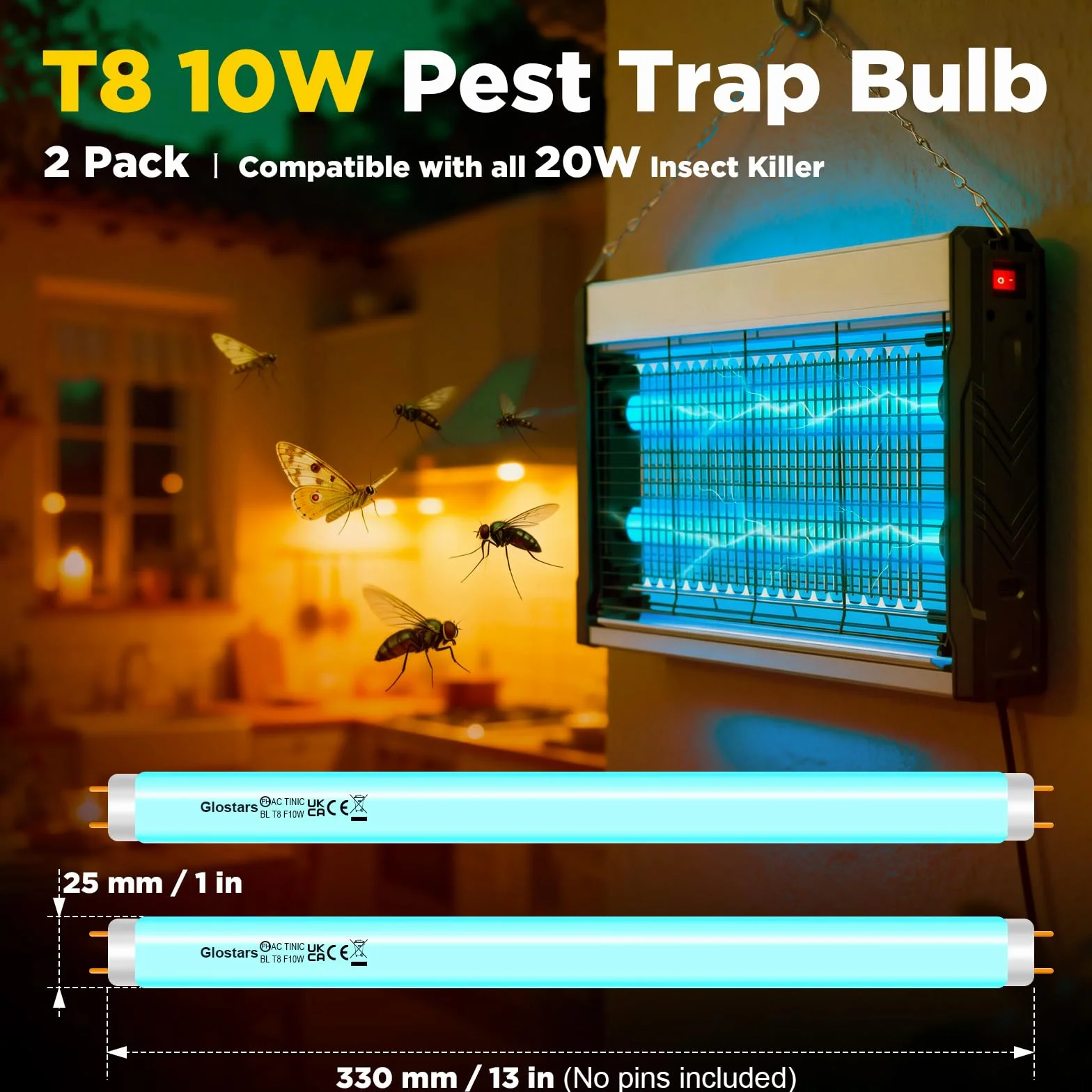 Glostars T8 F10W BL Tube de Remplacement UV 34,5 cm 20W Lot de 2 pour Piège à Moustiques