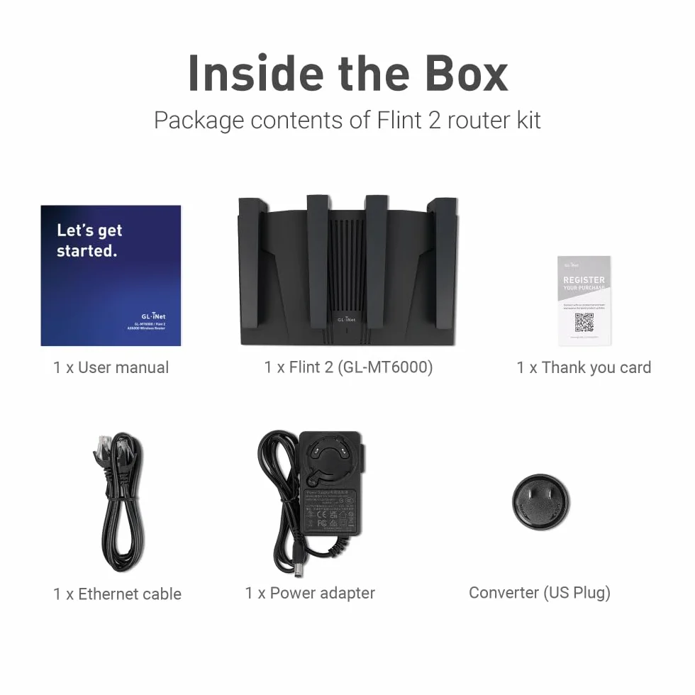 GL.iNet GL-MT6000 Routeur WiFi 6 Flint 2 2.5G Multi-Gig 4 Ports Ethernet 1G 802.11ax OpenVPN WireGuard