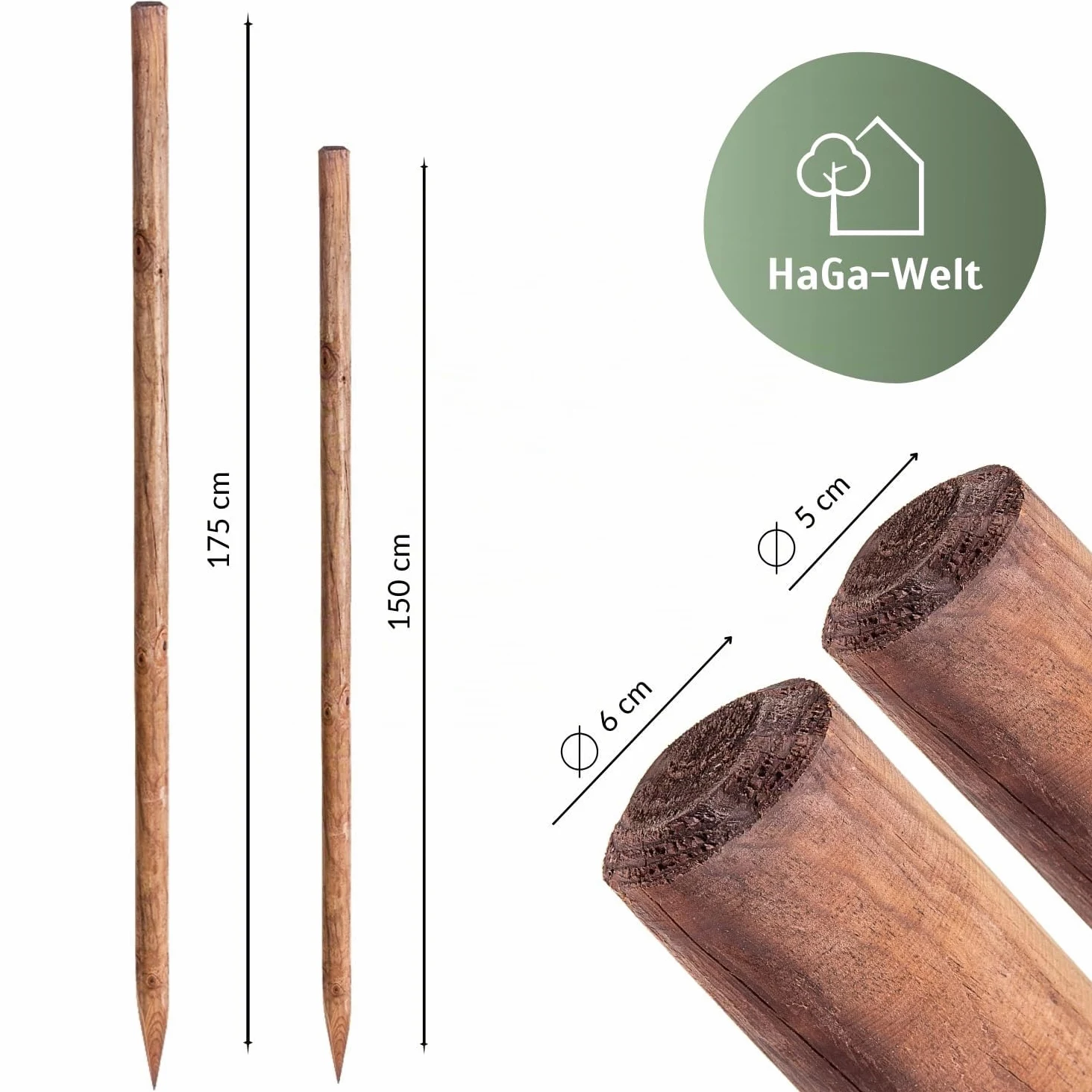 HaGa® Lot de 10 piquets en bois de pin - Diamètre : 5 cm - Hauteur : 150 cm - Résistant aux intempéries