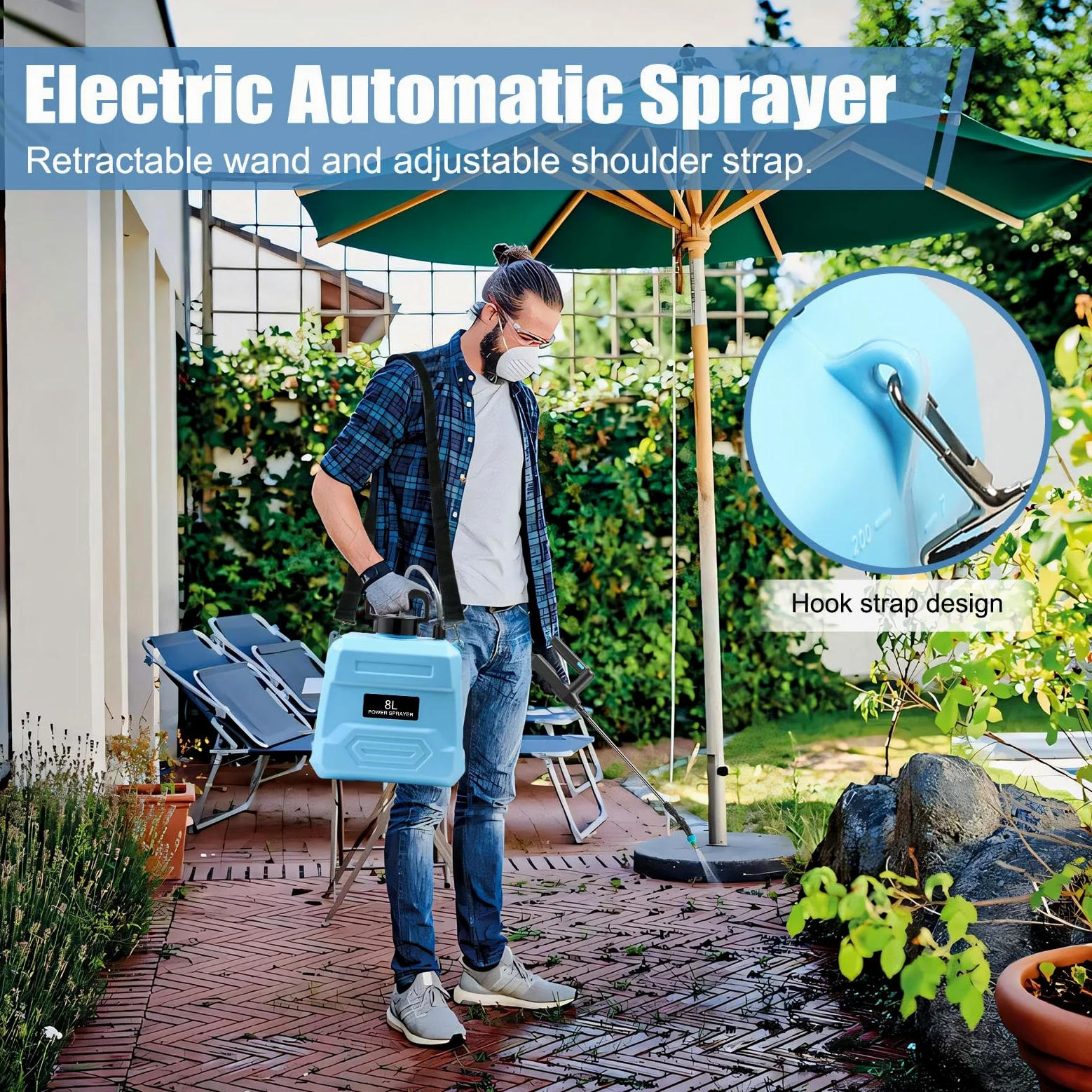 MaxAwe Pulvérisateur de jardin électrique à piles de 5 L avec poignée rechargeable par USB, pulvérisateur de mauvaises herbes avec 3 buses de brume et baguette rétractable, pulvérisateur d'eau avec