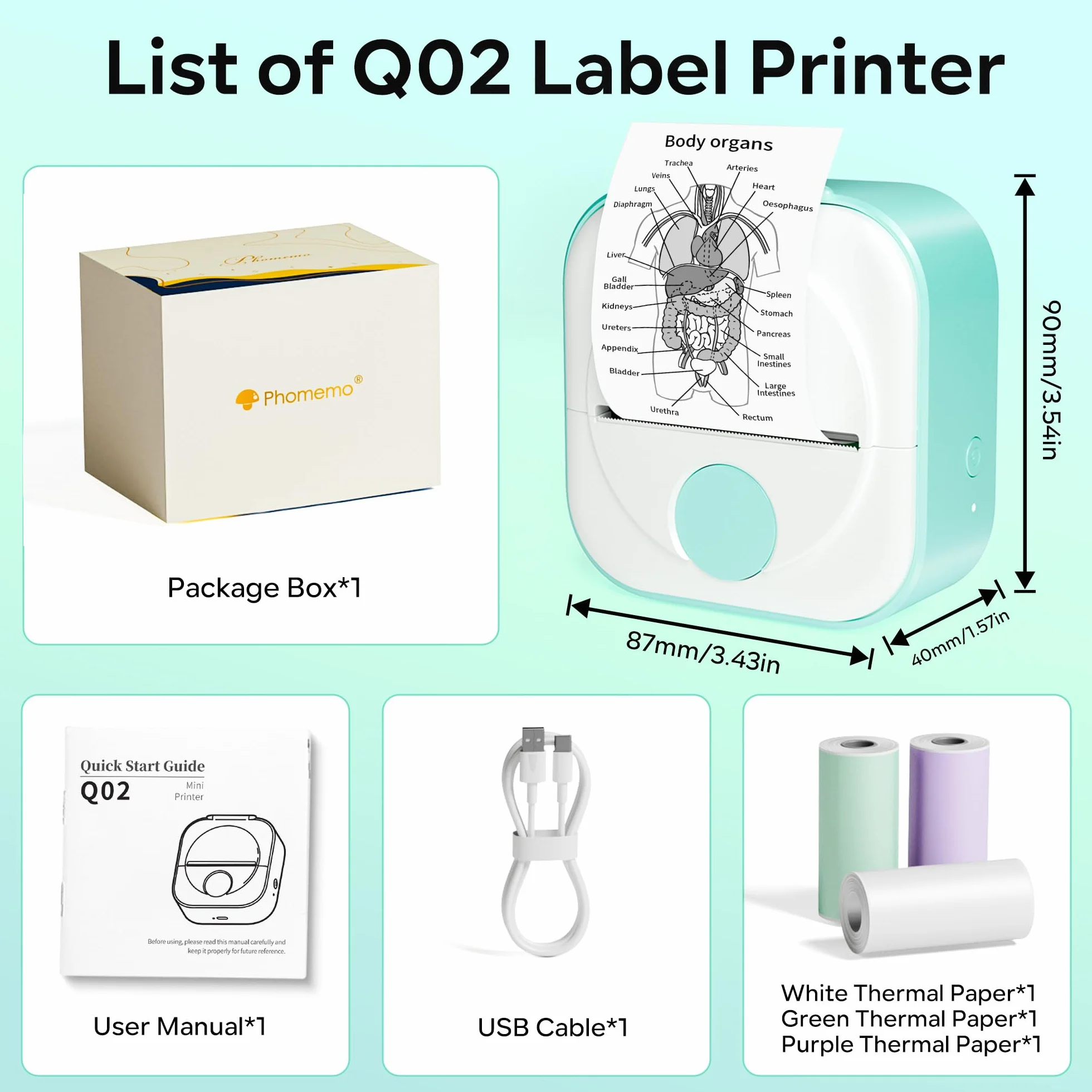Phomemo Q02 Mini Imprimante Thermique Portable sans Encre avec 3 Rouleaux Papier, Verte