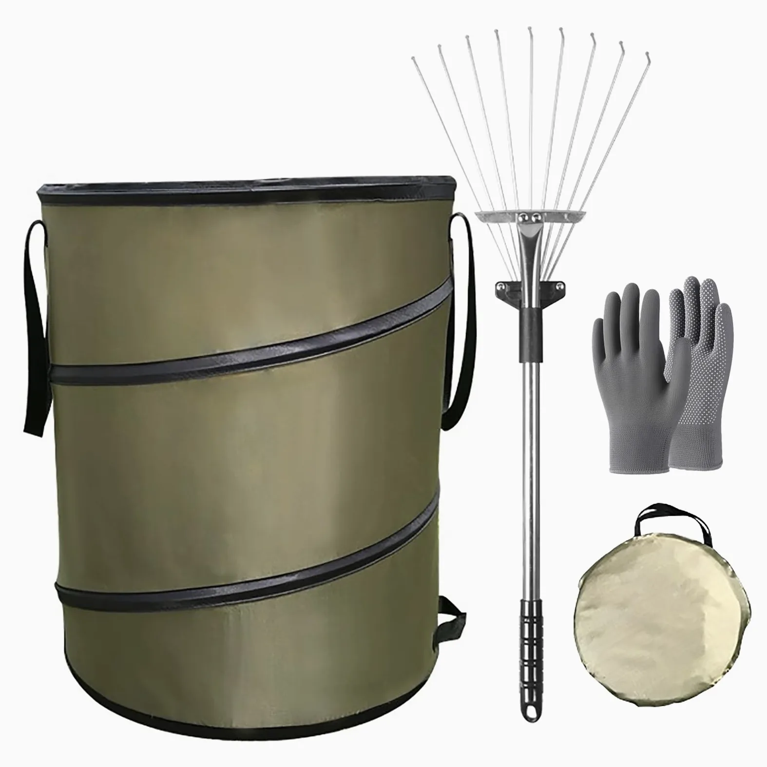 Sacs à déchets de Jardin, Set de Sacs autoportants, râteau à Feuilles à poignée réglable, Sacs à déchets de Jardin avec poignées, Bonus 1 Paire de Gants de Jardinage 37.8L/10gallons