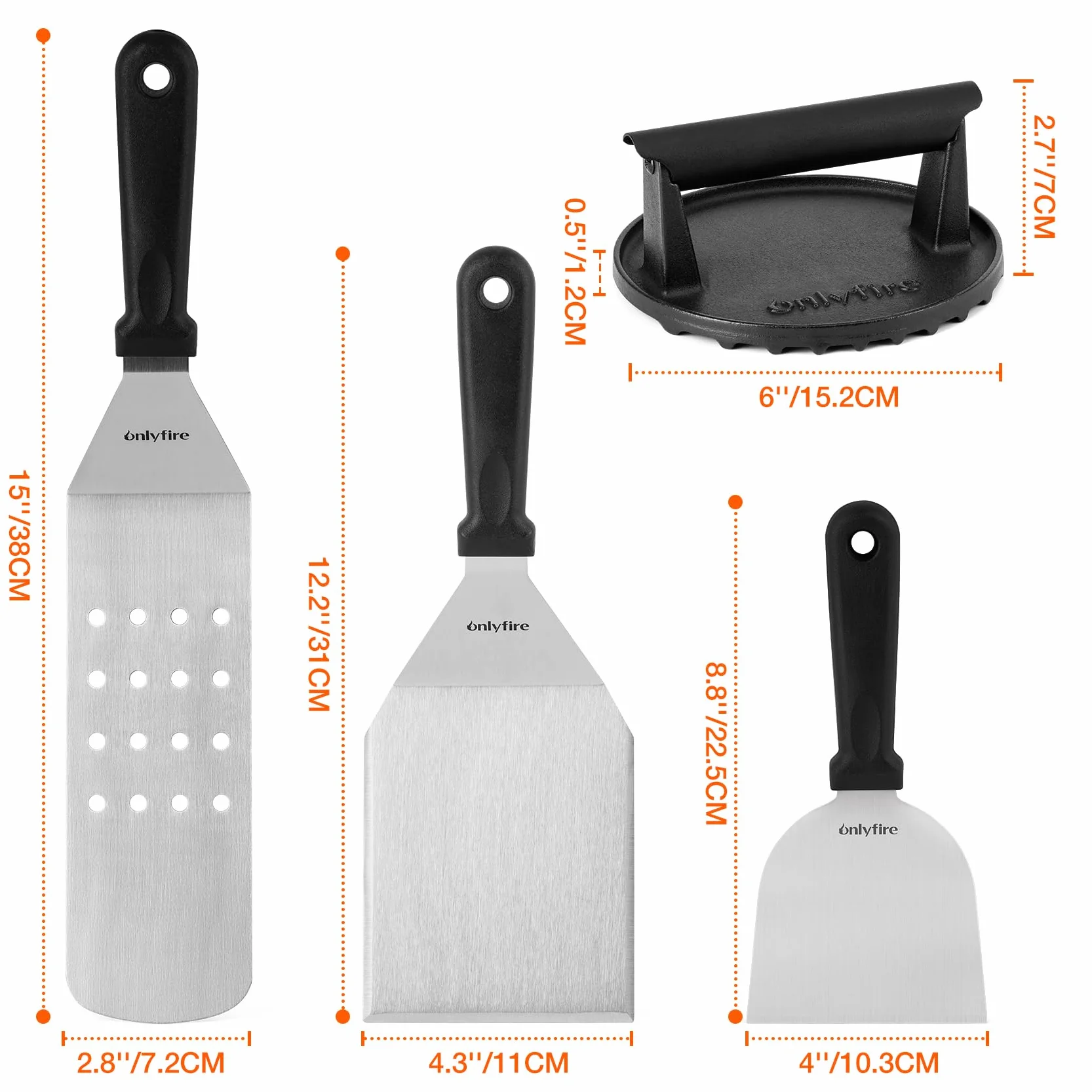 Onlyfire Set Accessoires Plancha 4 Pièces – Presse Burger Fonte, Spatule Perforée, Spatules