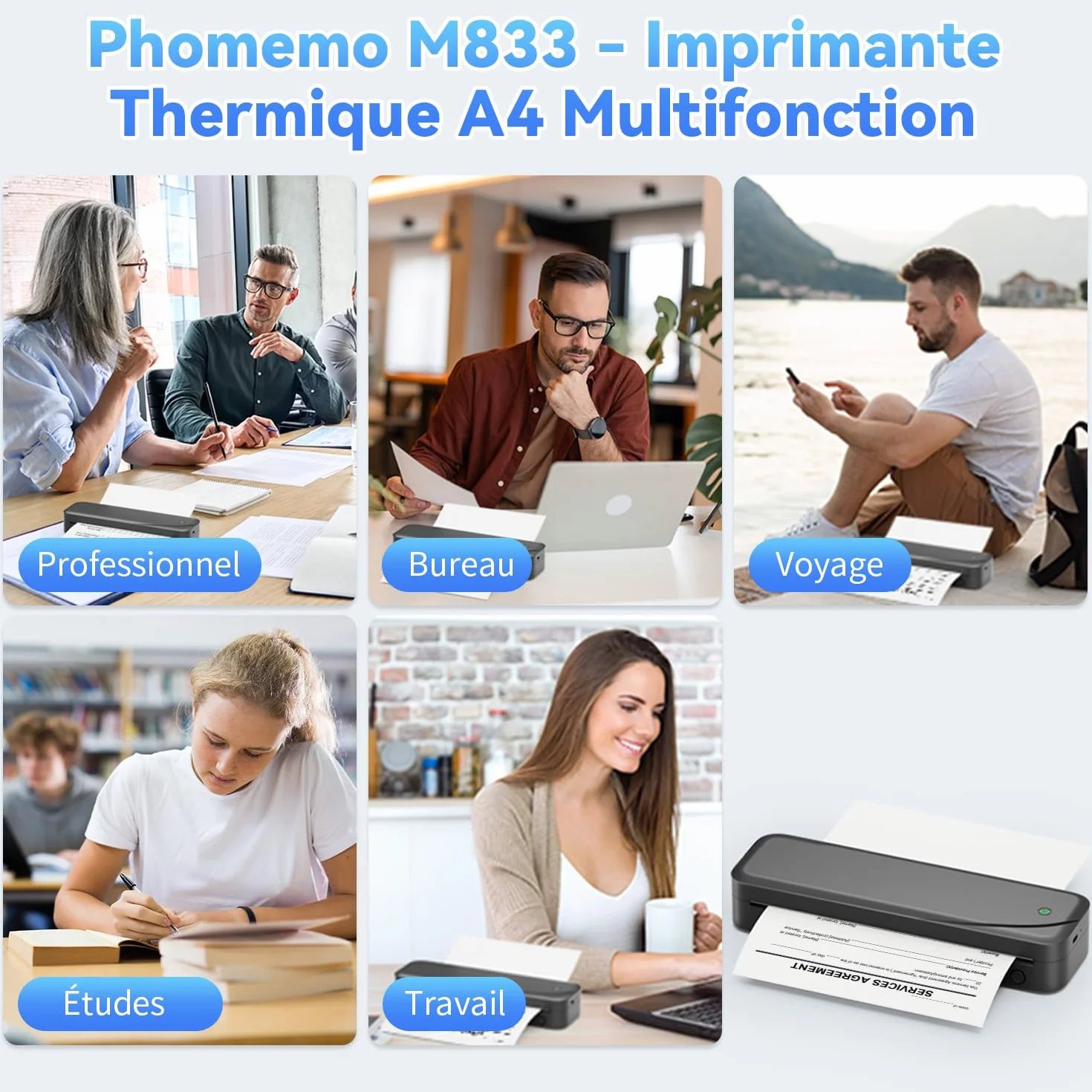 Phomemo M833 Imprimante Thermique A4 300 DPI sans Encre, Batterie 2600mAh, Compatible PC Android iOS Noir