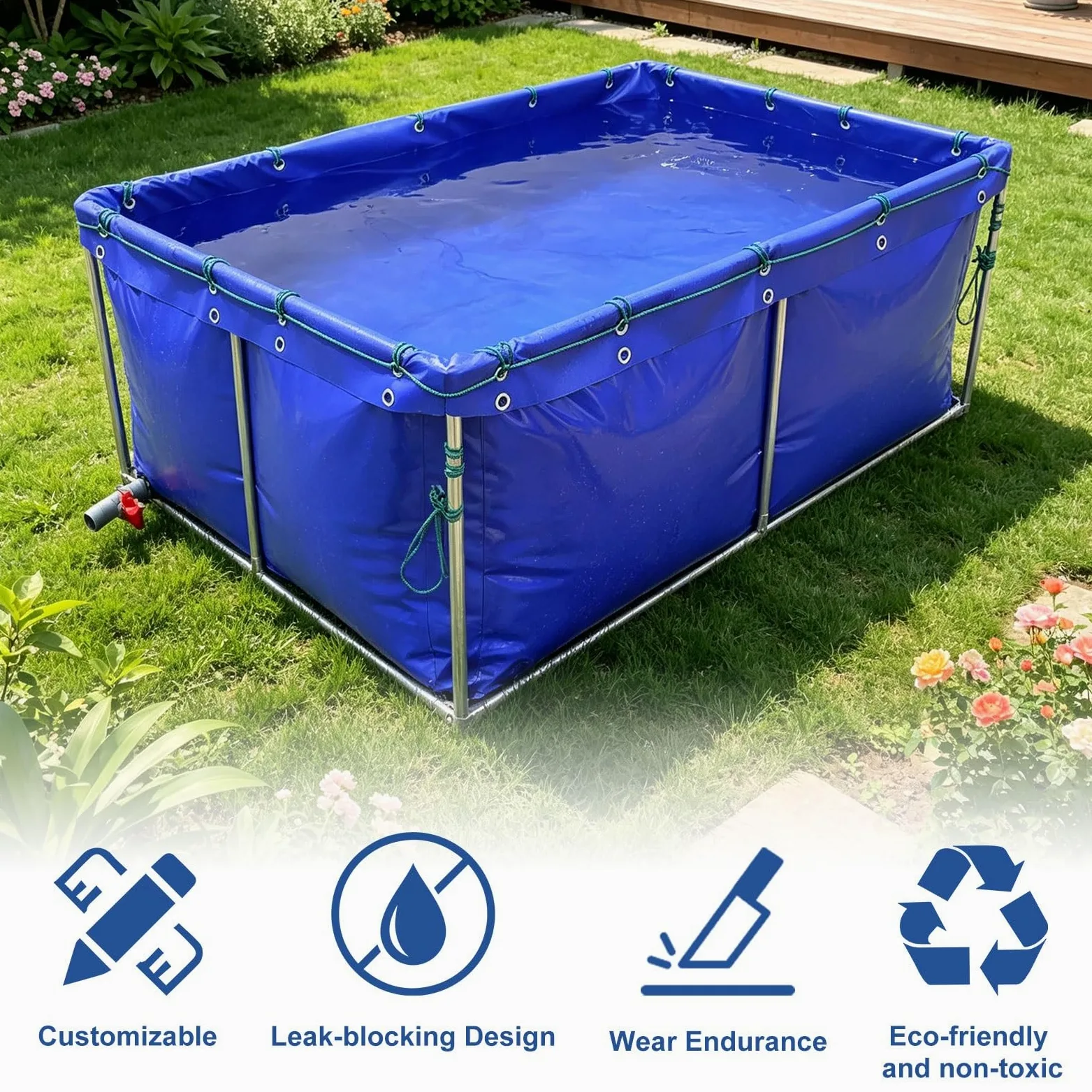 Étang à poissons en toile pliante épaissie,réservoir de rétention de bâche imperméable multifonction,piscine de jardin en toile VC avec valve de vidange pour Koi Bing et irrigation(2x2x1.0m)
