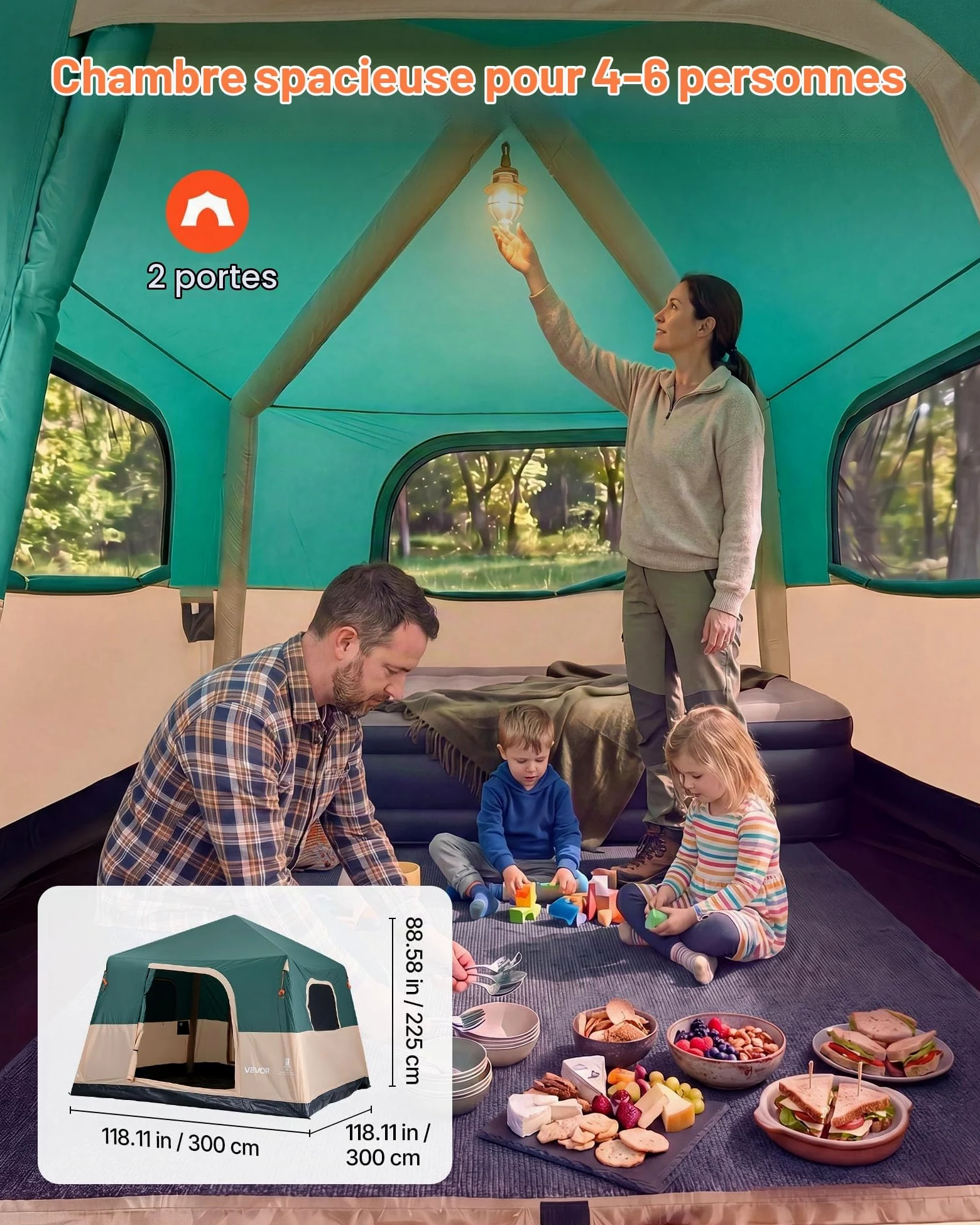 VEVOR Tente Gonflable 6 Personnes Pompe Rechargeable Tente de Camping Vert, pour Randonnée et Pique-niques en Famille, avec Tubes d'air en TPU, 4 Grandes Fenêtres en Maille, Sac de Transport Portable