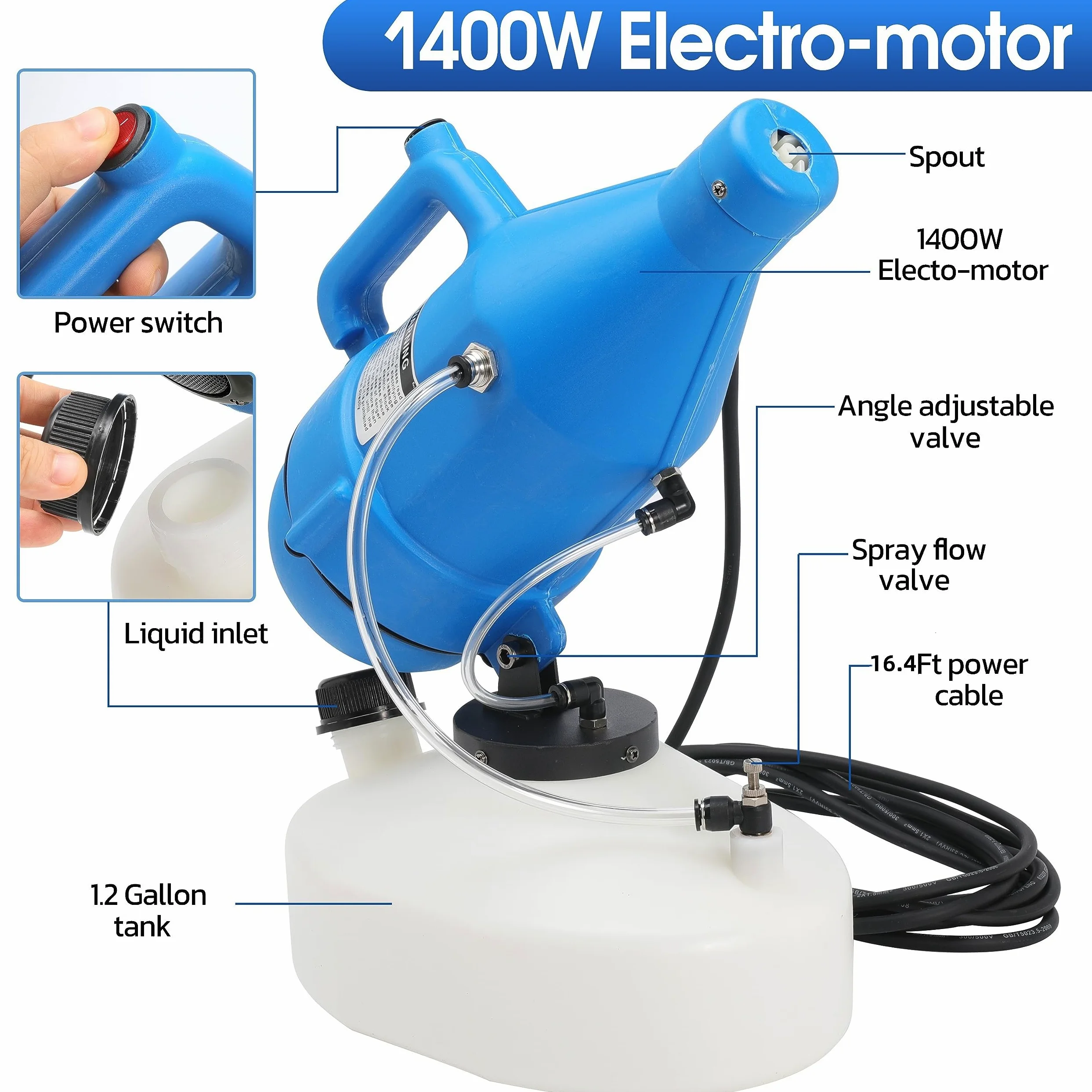 Pulvérisateur électrique portable ULV de 4,5 L avec cordon de 5 m pour maison, hôtel, église, école, pelouse et jardin