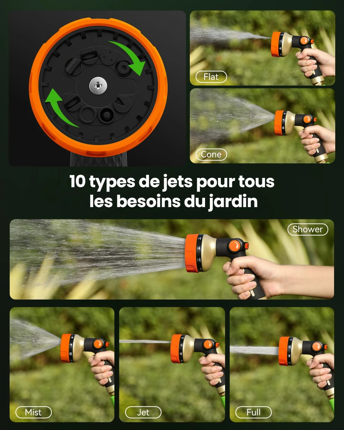 RAINPOINT Pistolet Arrosage Métal Robuste 10 Formes Pulvérisation Contrôle Débit Pouce Jardin Orange