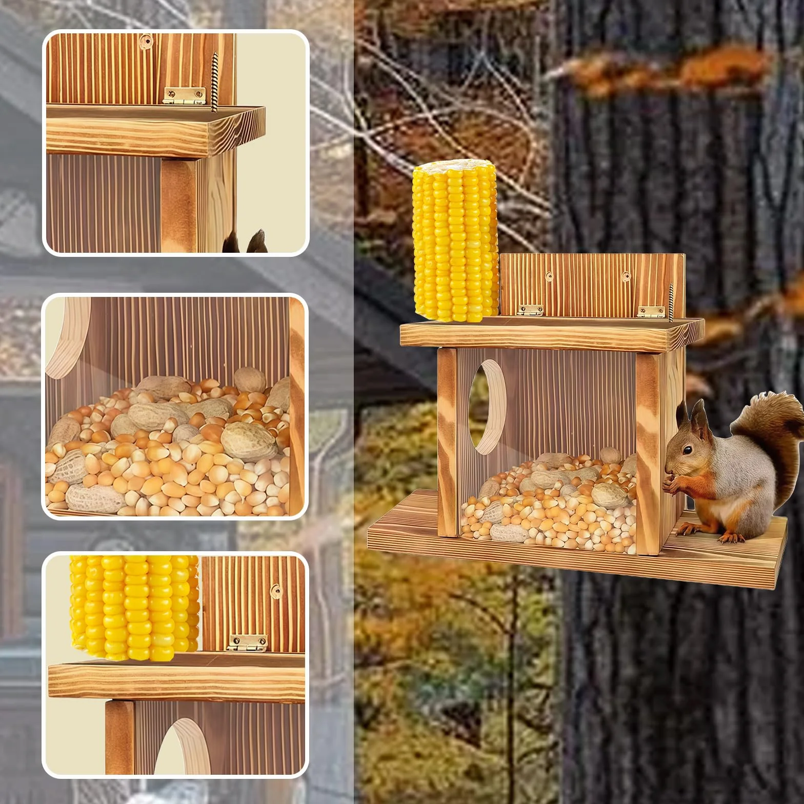 Mangeoire pour écureuils en bois avec distributeur d'eau, grande capacité, suspendue, 2 entrées pour jardin
