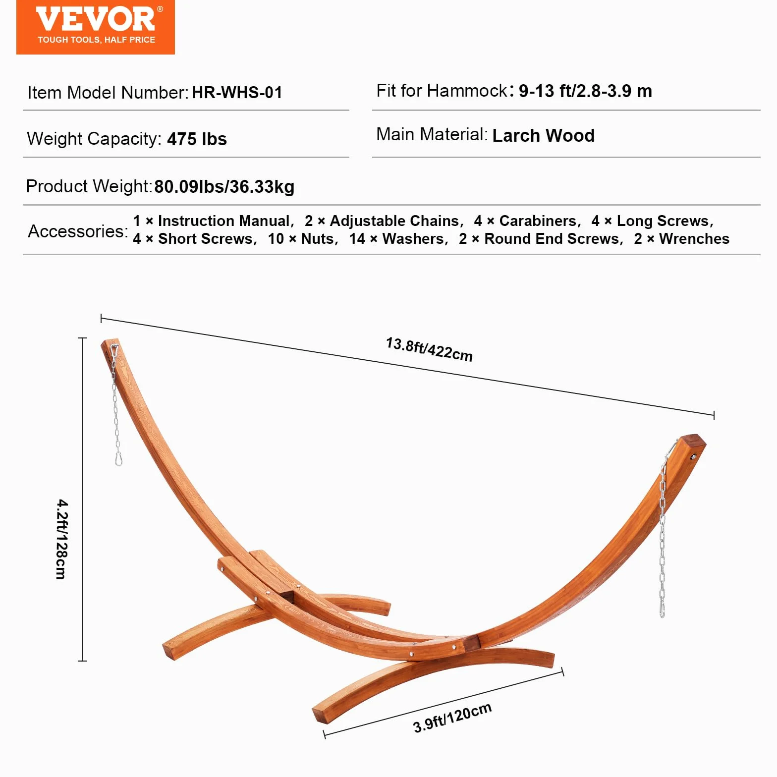VEVOR Support de Hamac en Bois, Charge 215 kg, Cadre Universel pour Hamacs 2,8-3,9 m, Réglable