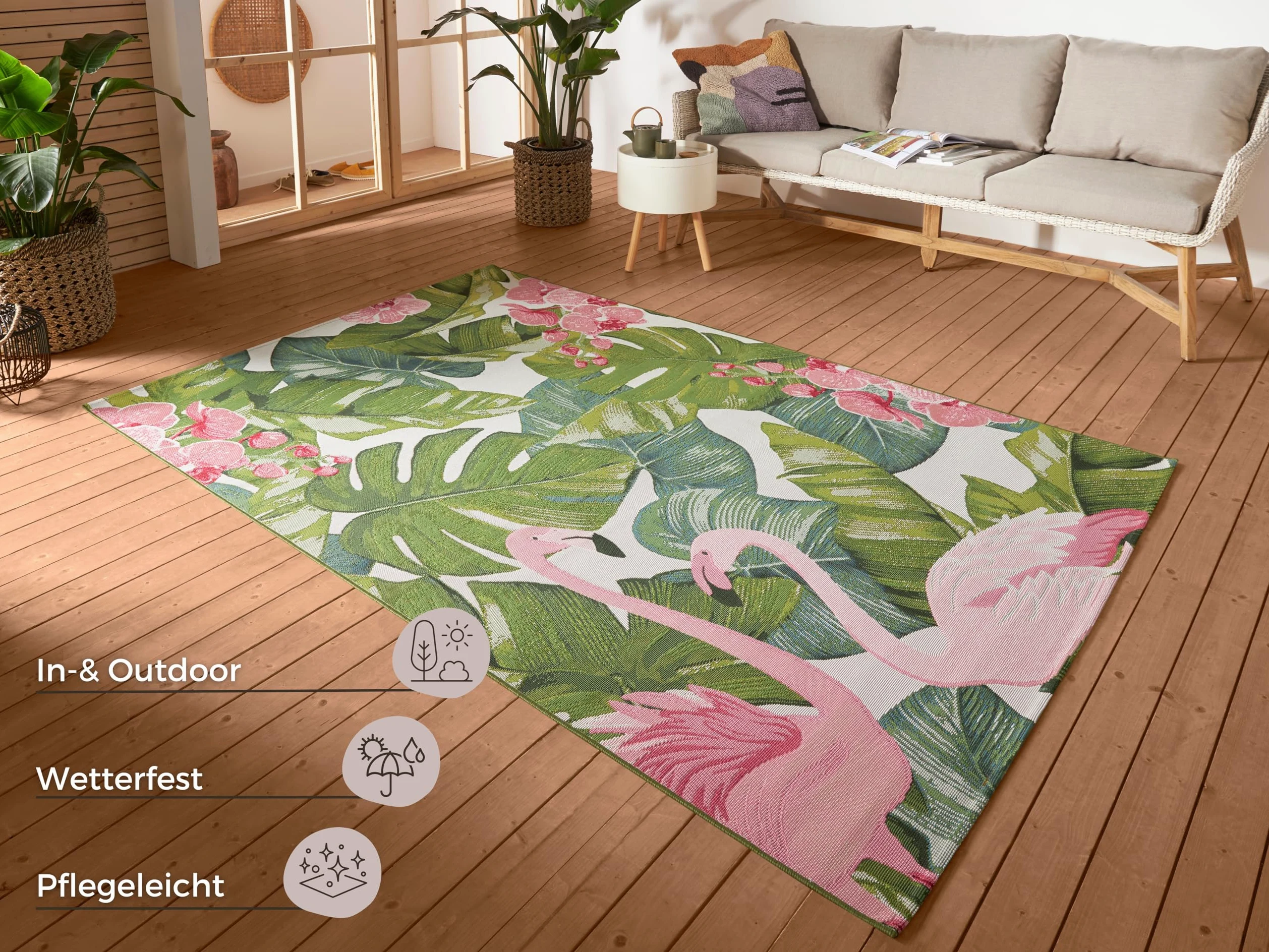 HANSE Home Tropical Flamingo Tapis d'intérieur et d'extérieur tissé à Plat Motif Palmiers tropicaux - Certifié Öko-Tex - Résistant aux intempéries et aux UV - pour Balcon, terrasse, Jardin, Salon -