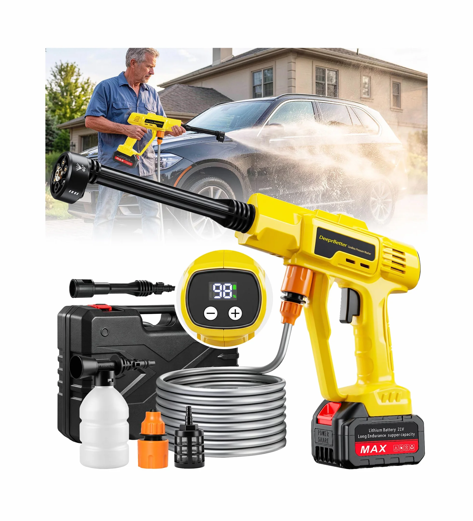 Nettoyeur Haute Pression sans Fil sur Batterie Rechargeable, 600PSI | Nettoyeur Haute Pression avec Buse Réglable 6-en-1, Pistolet Hautes Pressions sans Fil à 3 Vitesses réglables - Jaune